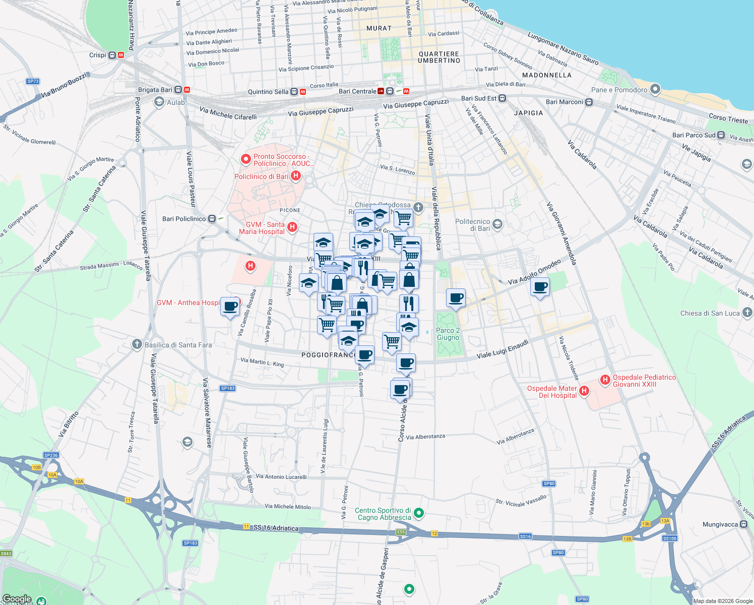 map of restaurants, bars, coffee shops, grocery stores, and more near 15 Via Giovanni Colella in Bari