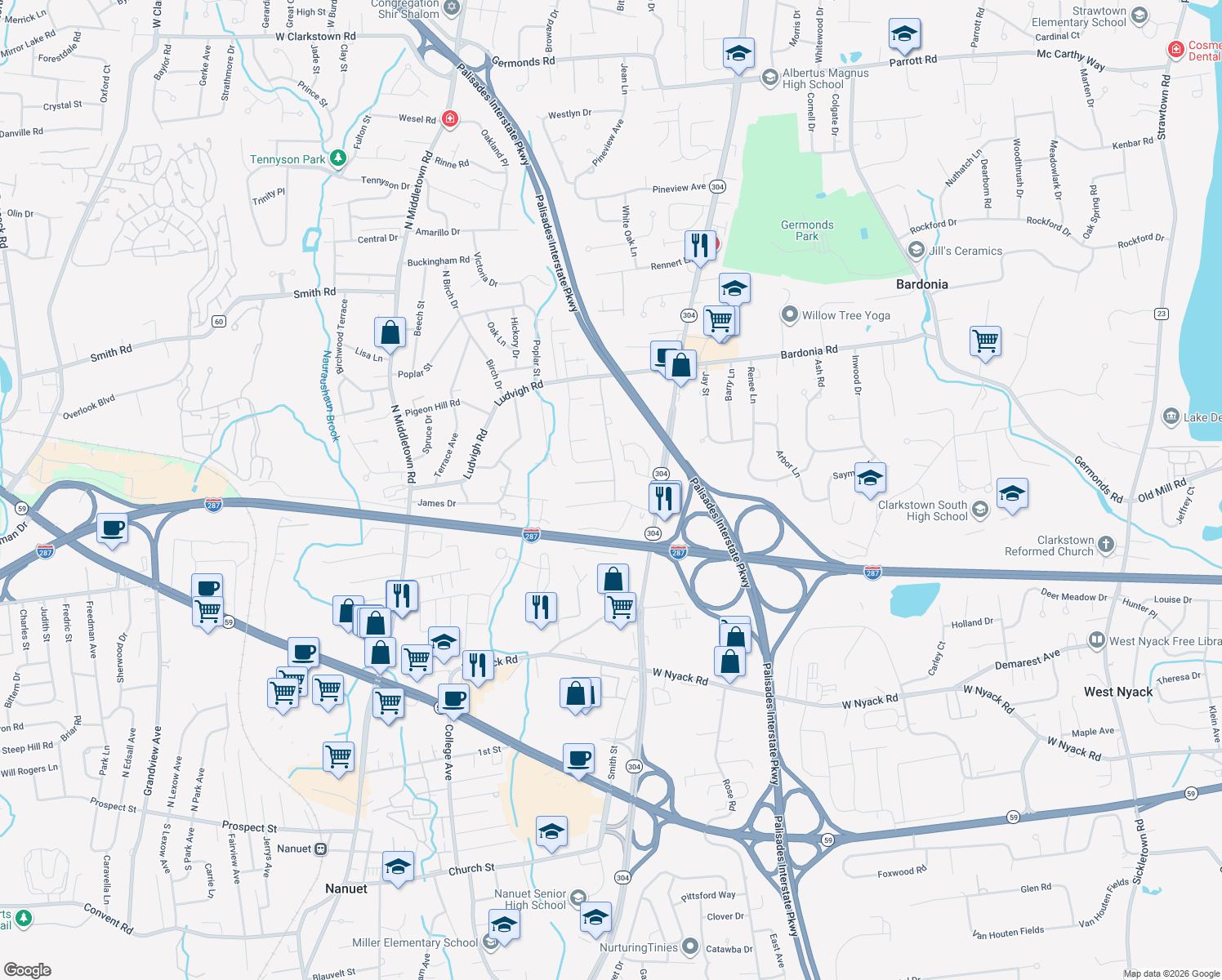 map of restaurants, bars, coffee shops, grocery stores, and more near 61 Dustman Ln in Bardonia