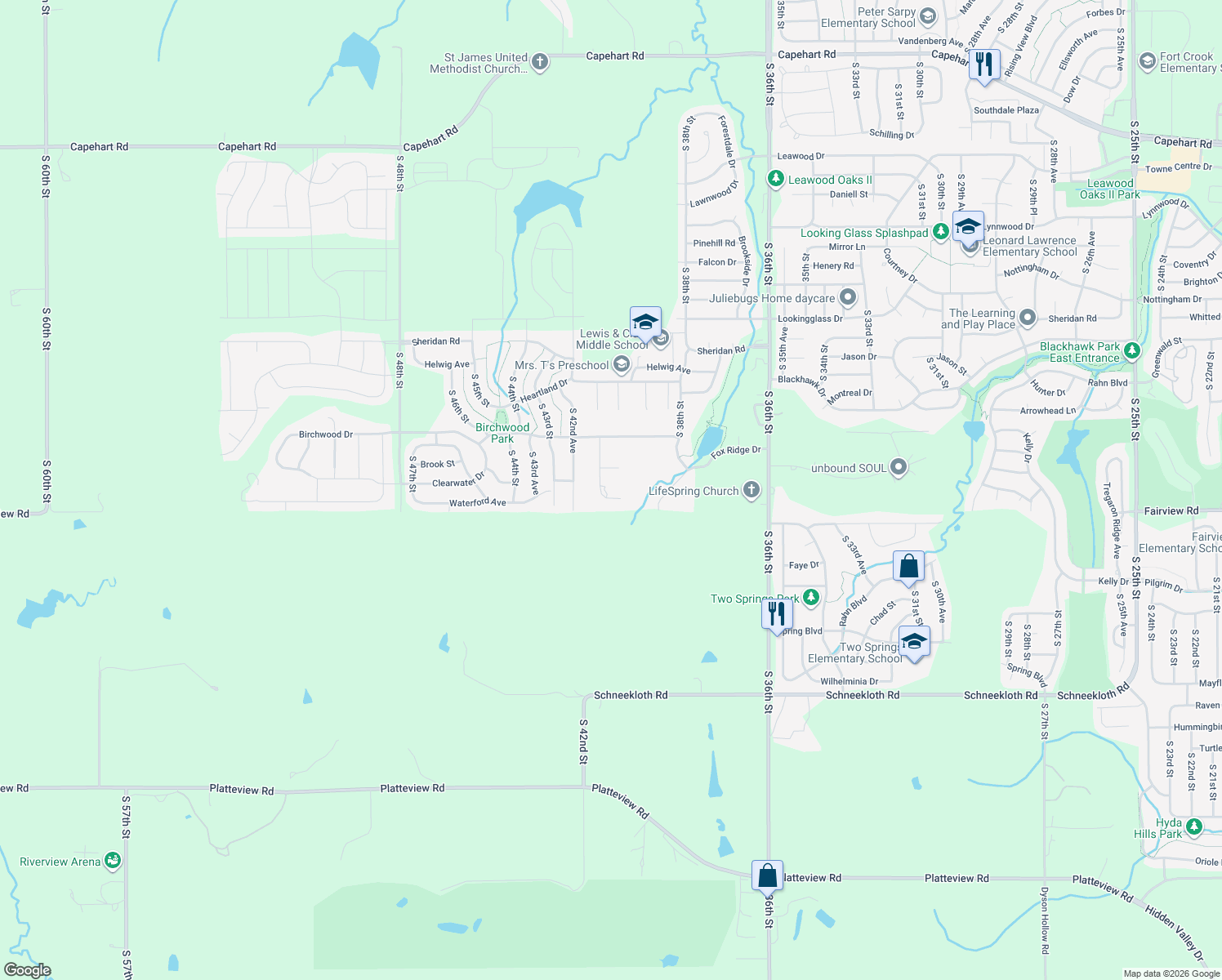 map of restaurants, bars, coffee shops, grocery stores, and more near 13901 South 41st Street in Bellevue