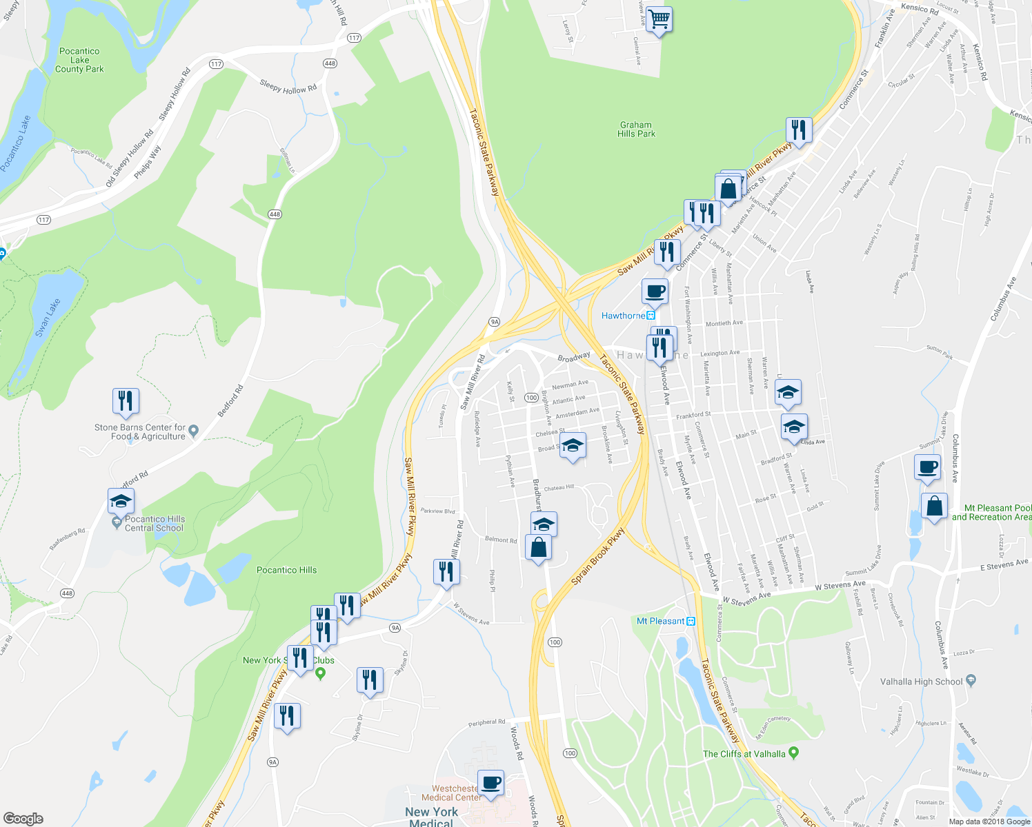 map of restaurants, bars, coffee shops, grocery stores, and more near 148 Atlantic Avenue in Hawthorne