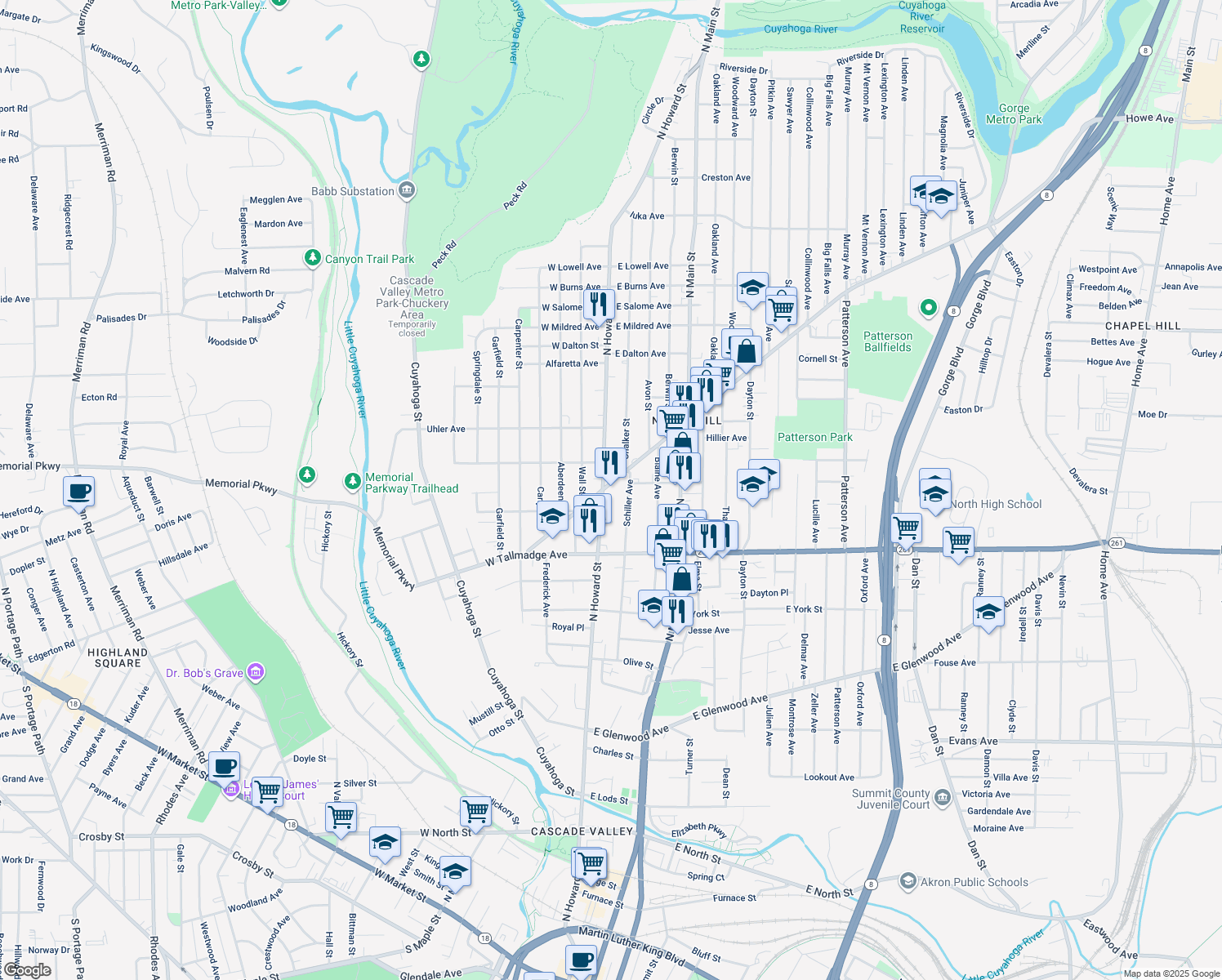 map of restaurants, bars, coffee shops, grocery stores, and more near 10 East Cuyahoga Falls Avenue in Akron