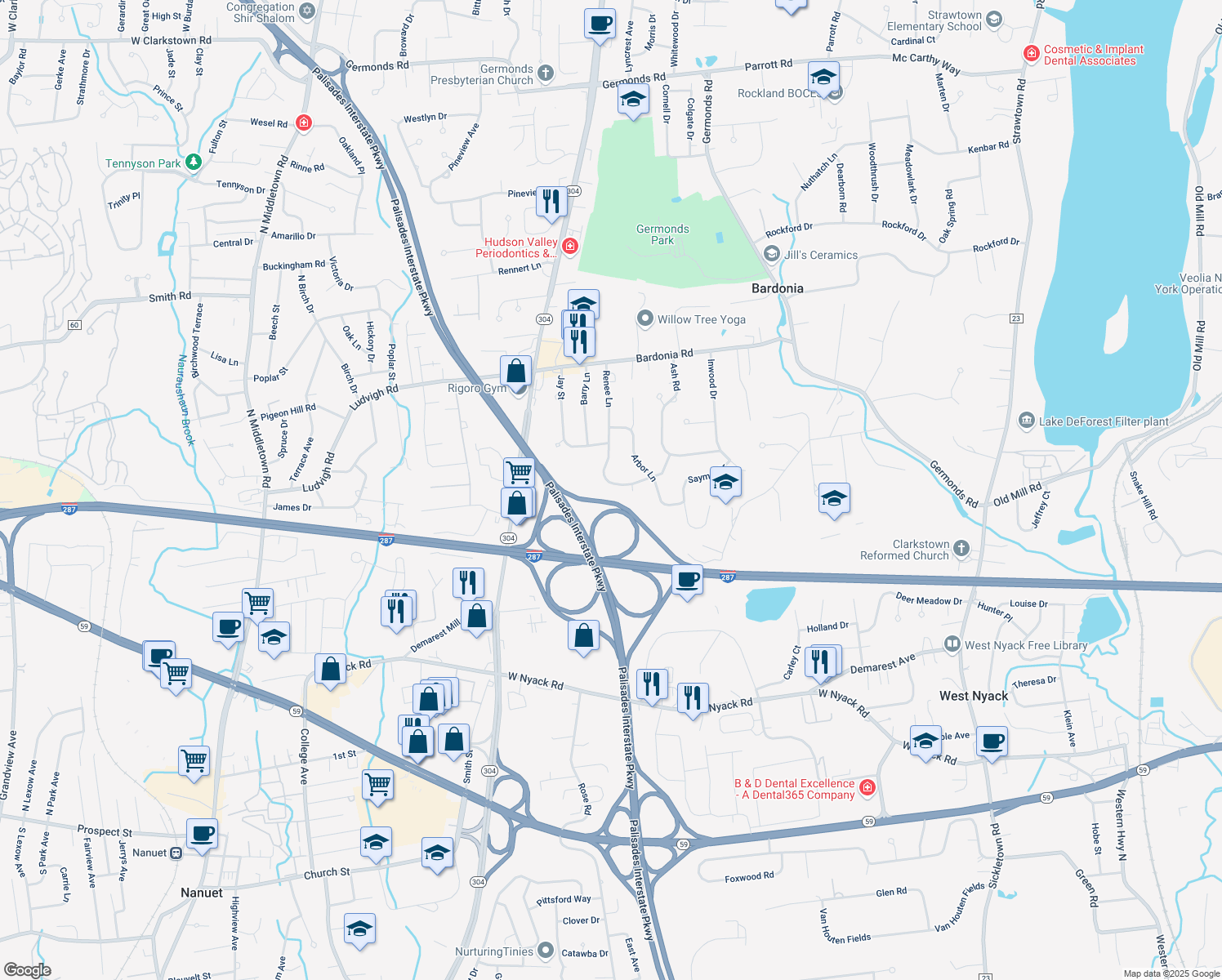 map of restaurants, bars, coffee shops, grocery stores, and more near 116 Renee Lane in Bardonia