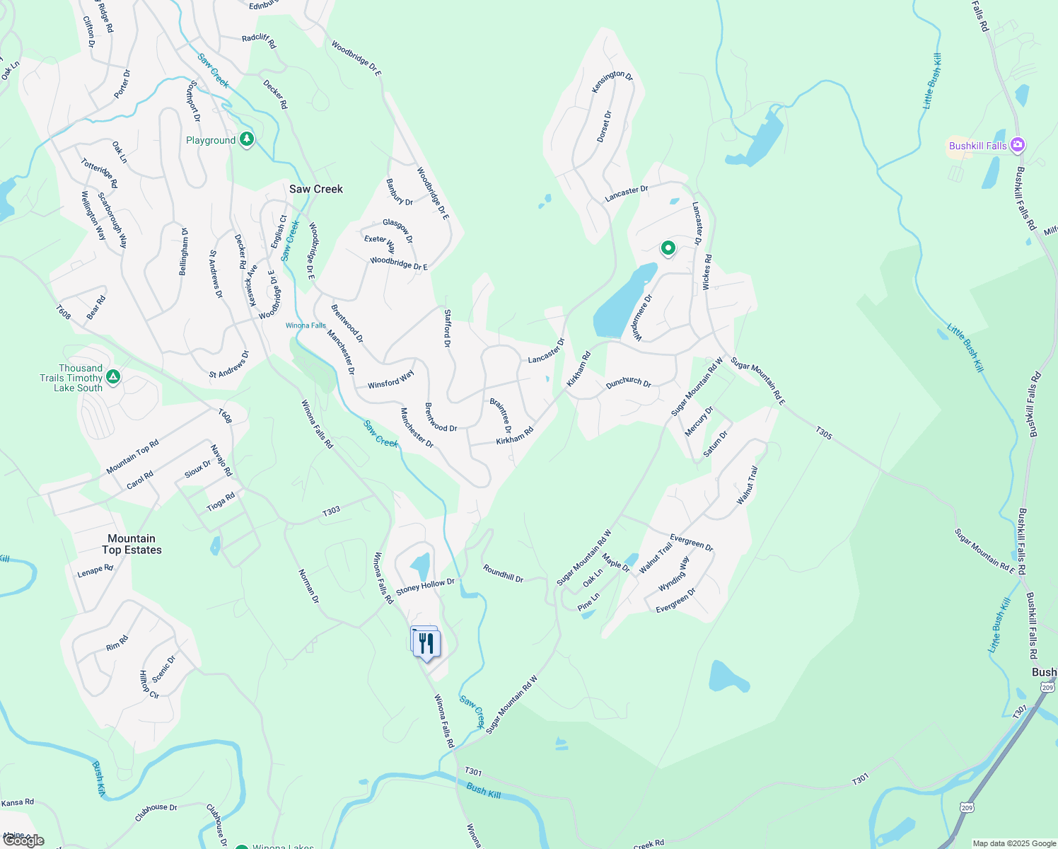 map of restaurants, bars, coffee shops, grocery stores, and more near 258 Kirkham Road in Bushkill