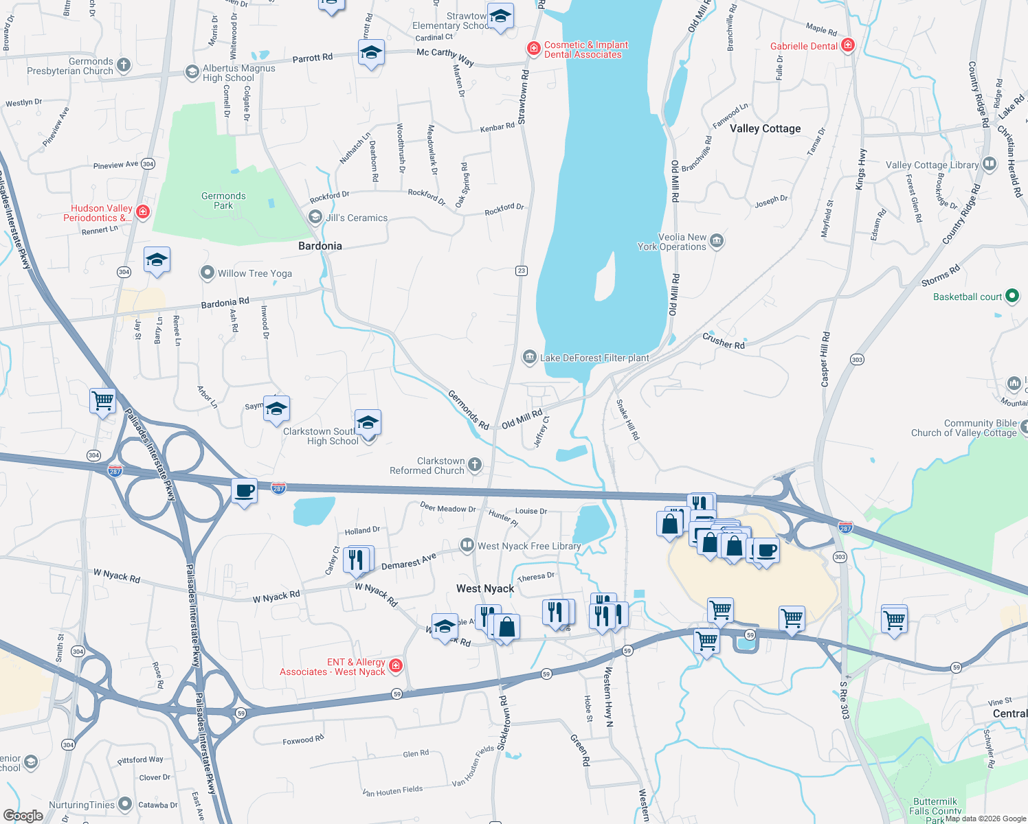 map of restaurants, bars, coffee shops, grocery stores, and more near 17 Old Mill Rd in West Nyack
