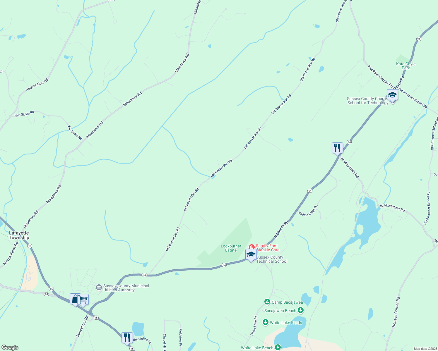 map of restaurants, bars, coffee shops, grocery stores, and more near 62 Old Beaver Run Road in Lafayette