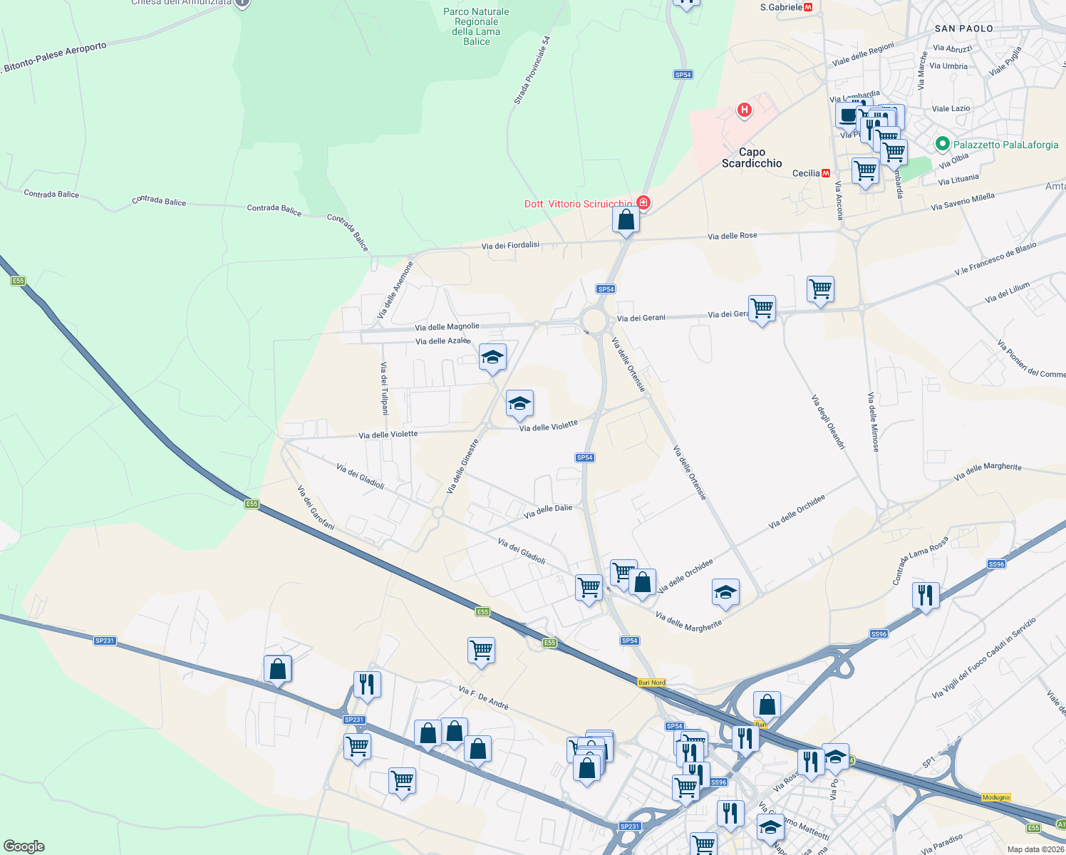 map of restaurants, bars, coffee shops, grocery stores, and more near 3 Via delle Violette in Modugno