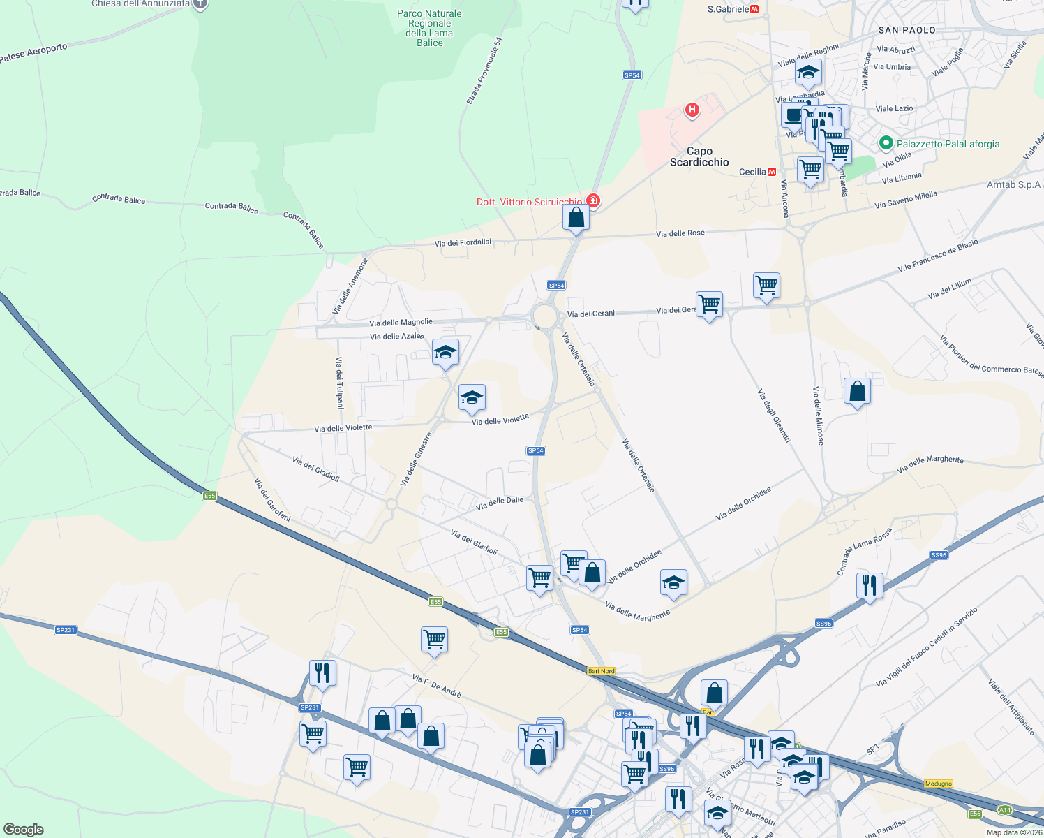 map of restaurants, bars, coffee shops, grocery stores, and more near 2 Via delle Violette in Modugno