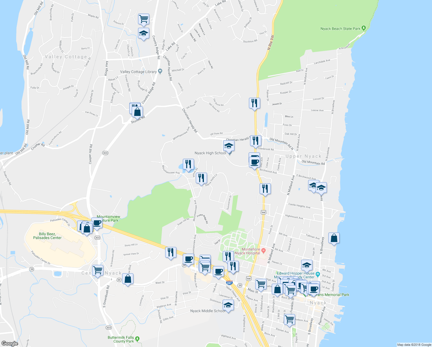 map of restaurants, bars, coffee shops, grocery stores, and more near 678 Sierra Vista Lane in Valley Cottage