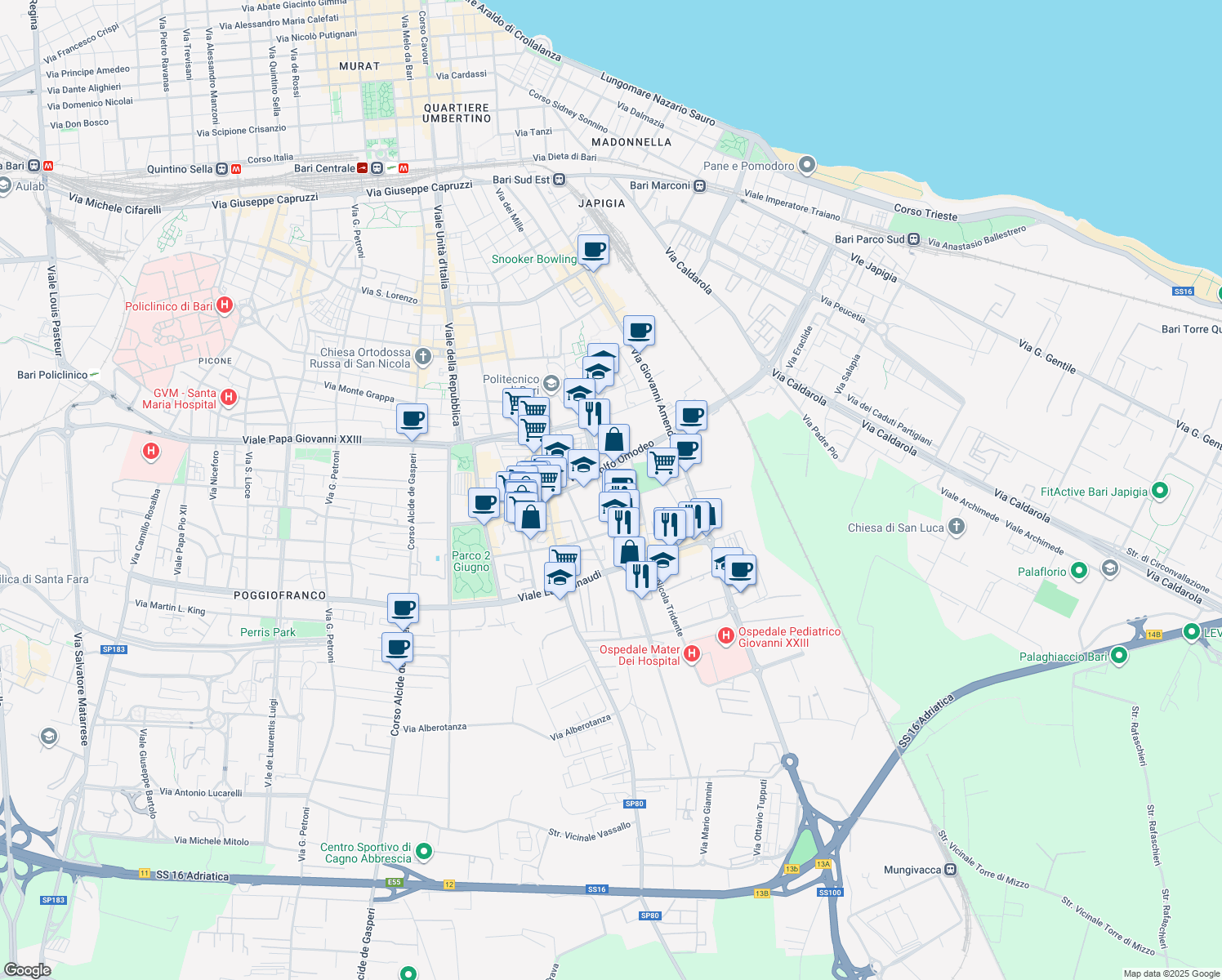 map of restaurants, bars, coffee shops, grocery stores, and more near Via Gaetano Salvemini in Bari