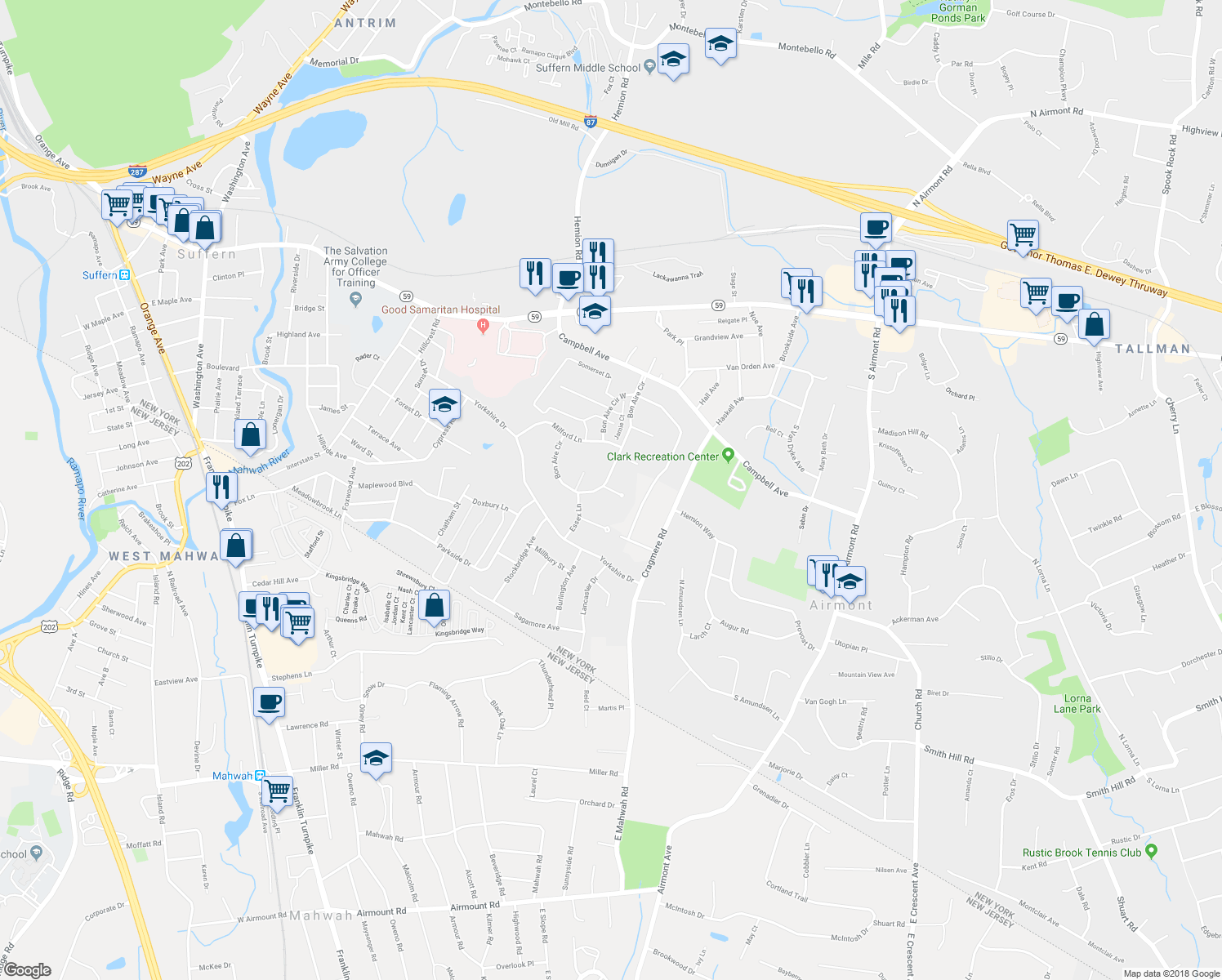 map of restaurants, bars, coffee shops, grocery stores, and more near 12 Danbury Court in Suffern