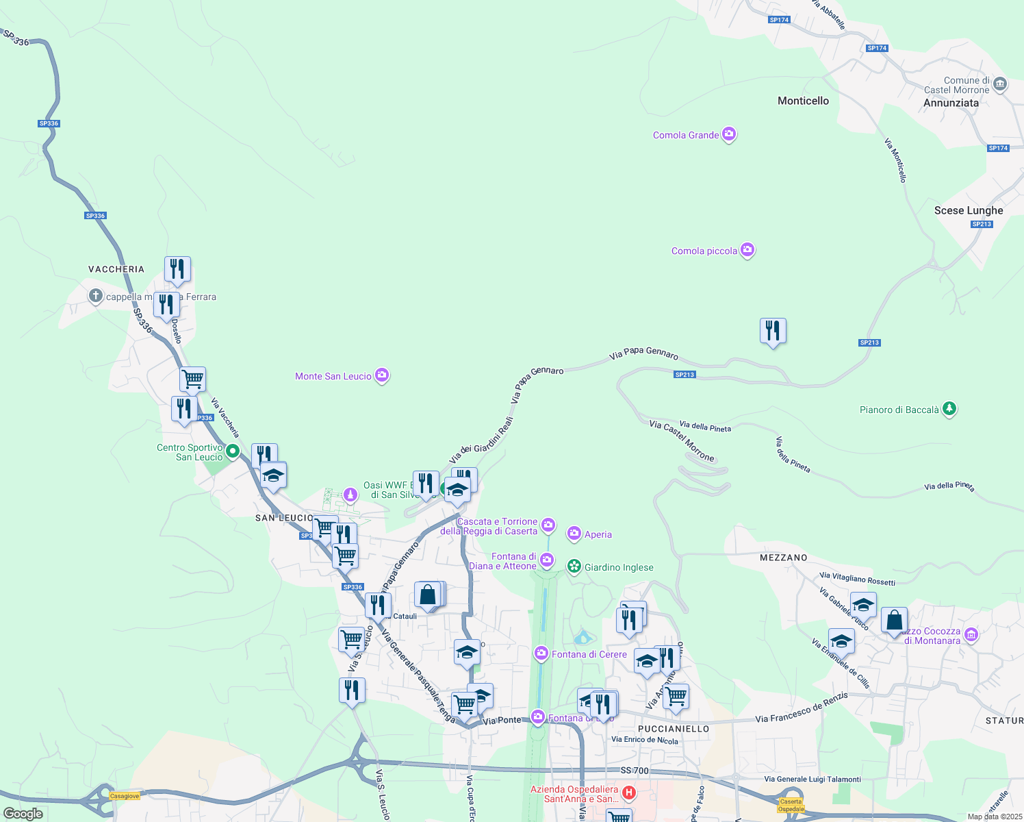 map of restaurants, bars, coffee shops, grocery stores, and more near Via Papa Gennaro in Provincia di Caserta