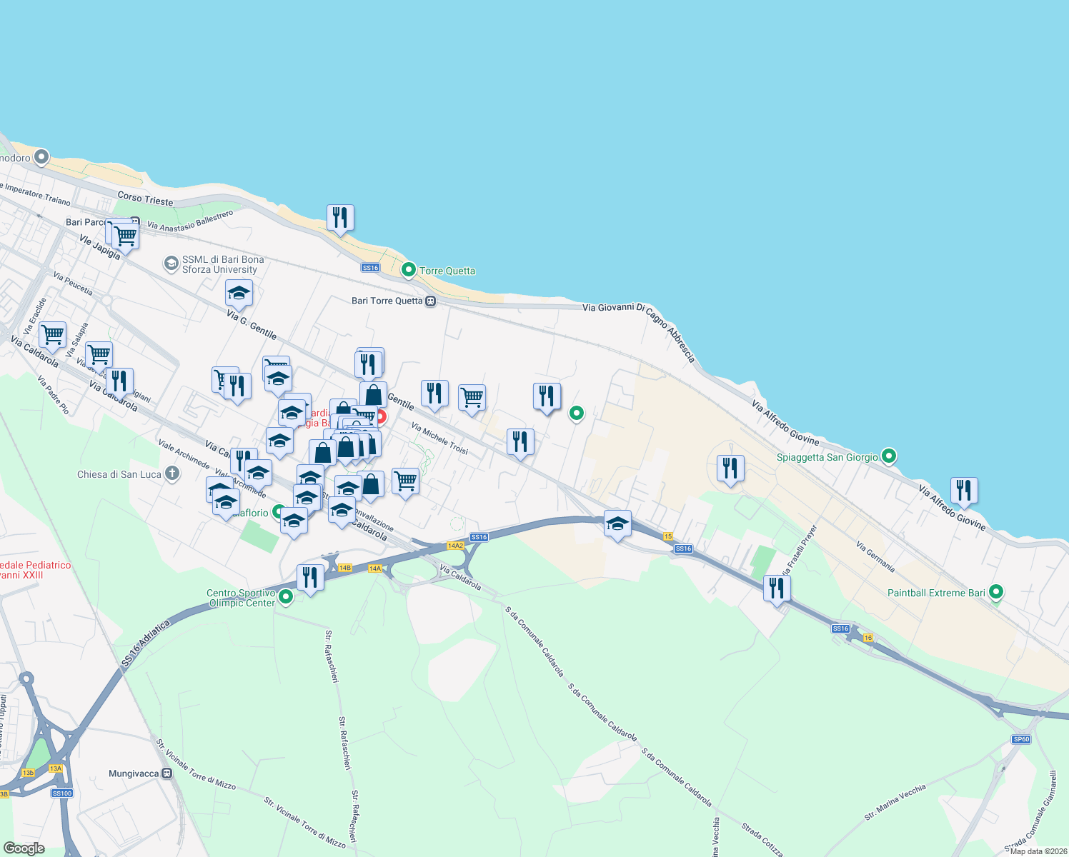 map of restaurants, bars, coffee shops, grocery stores, and more near 3 Via Moisè Maldacea in Bari