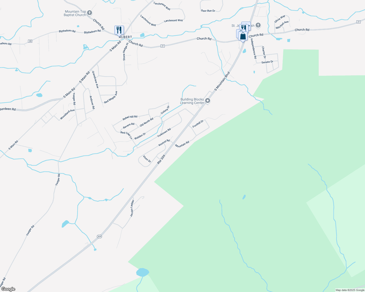 map of restaurants, bars, coffee shops, grocery stores, and more near 68-72 Mountain Road in Mountain Top