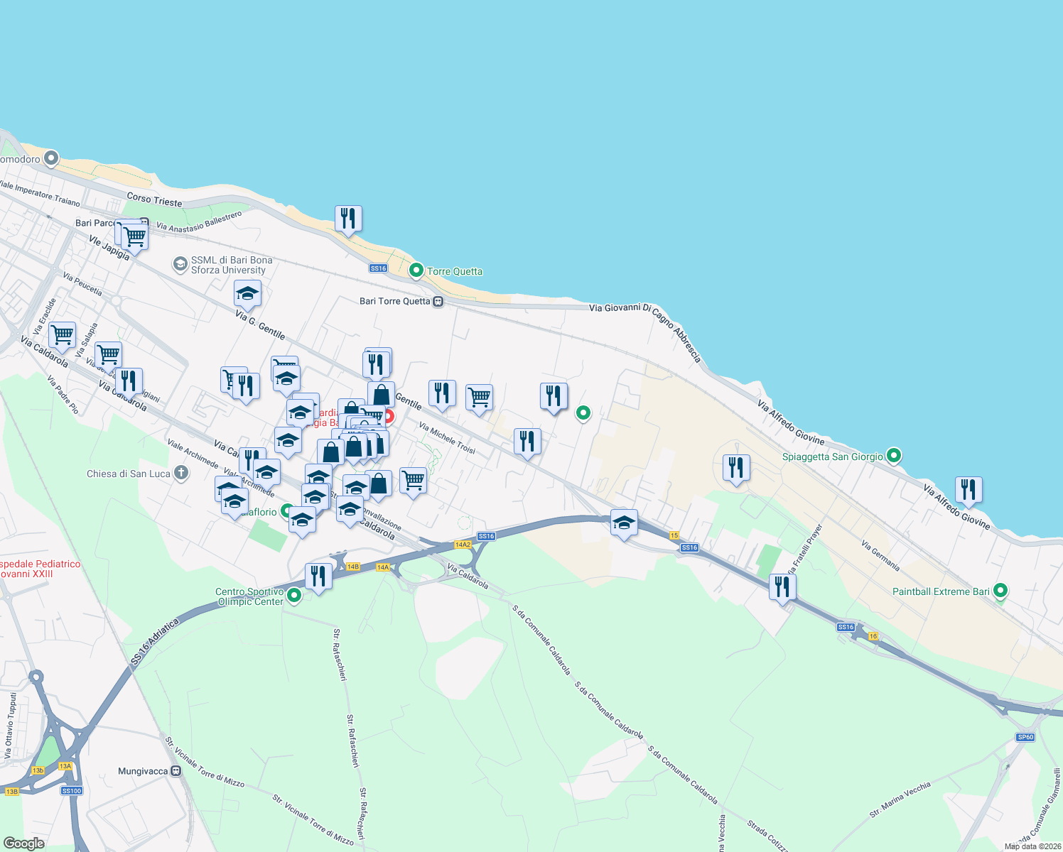 map of restaurants, bars, coffee shops, grocery stores, and more near 3 Via Moisè Maldacea in Bari