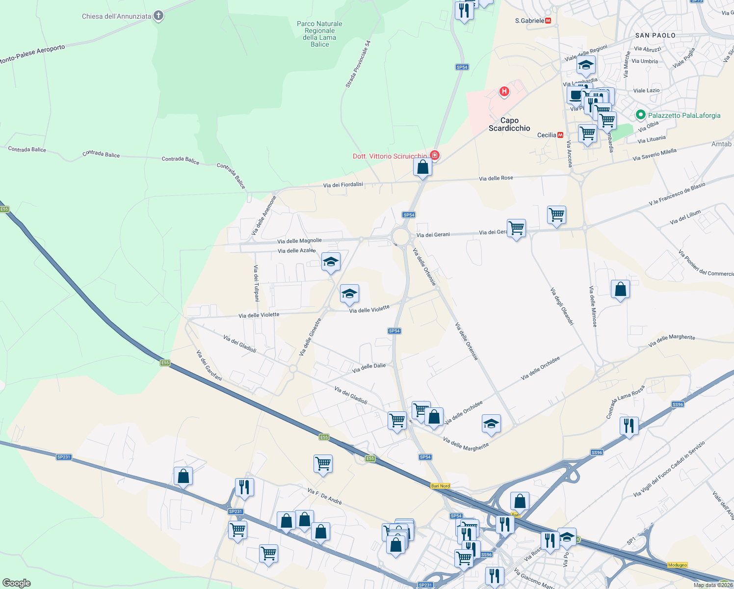 map of restaurants, bars, coffee shops, grocery stores, and more near 3 Via delle Violette in Modugno
