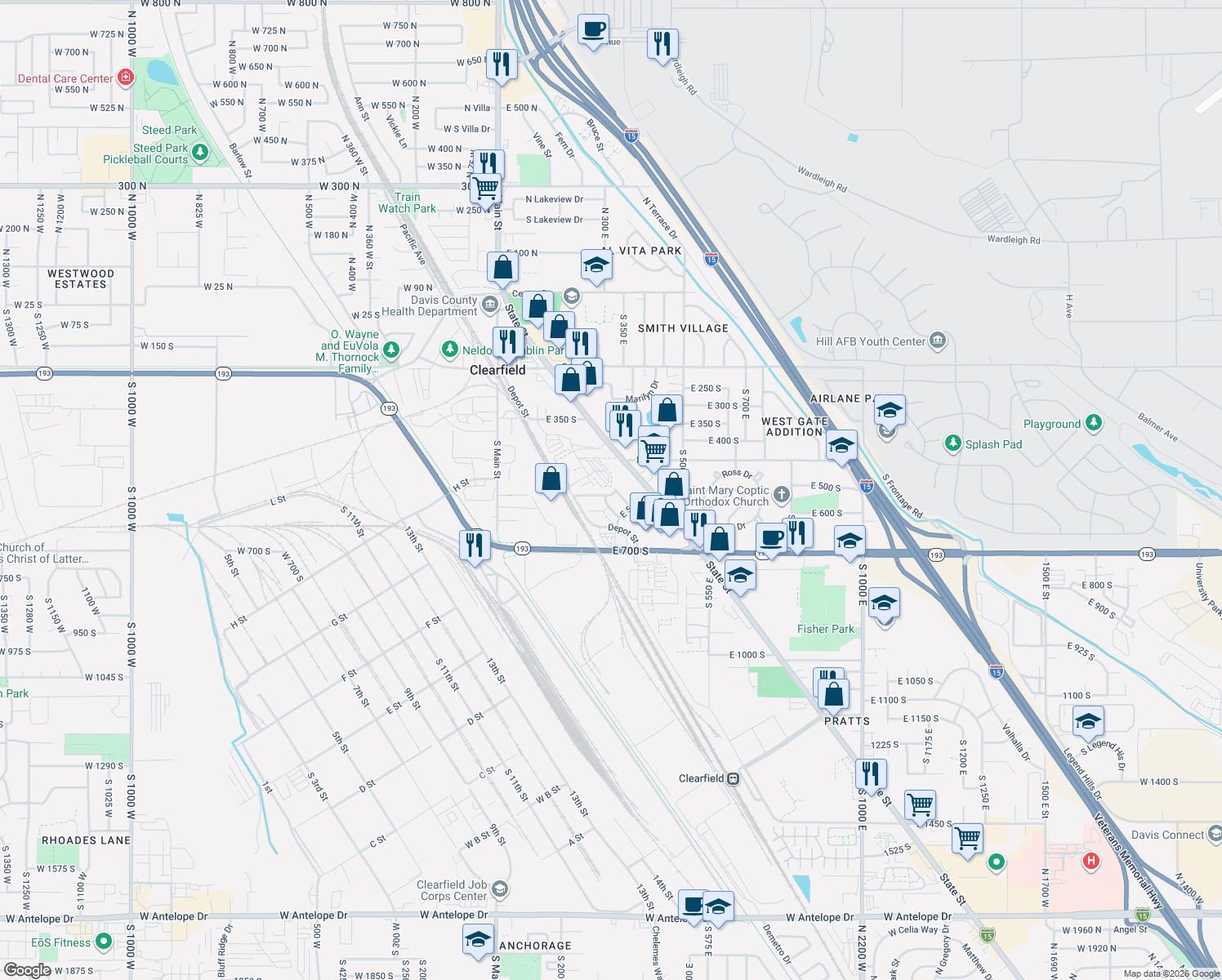 map of restaurants, bars, coffee shops, grocery stores, and more near 447 East 500 South in Clearfield