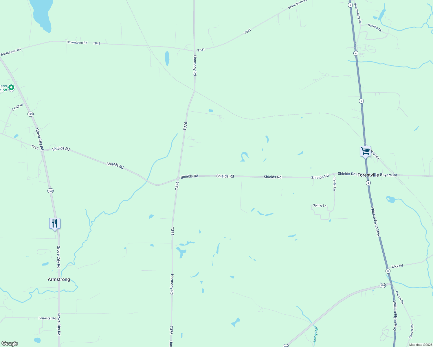 map of restaurants, bars, coffee shops, grocery stores, and more near 323 Shields Road in Slippery Rock