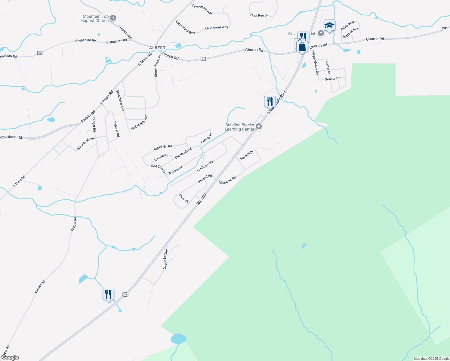map of restaurants, bars, coffee shops, grocery stores, and more near 68 Mountain Road in Mountain Top