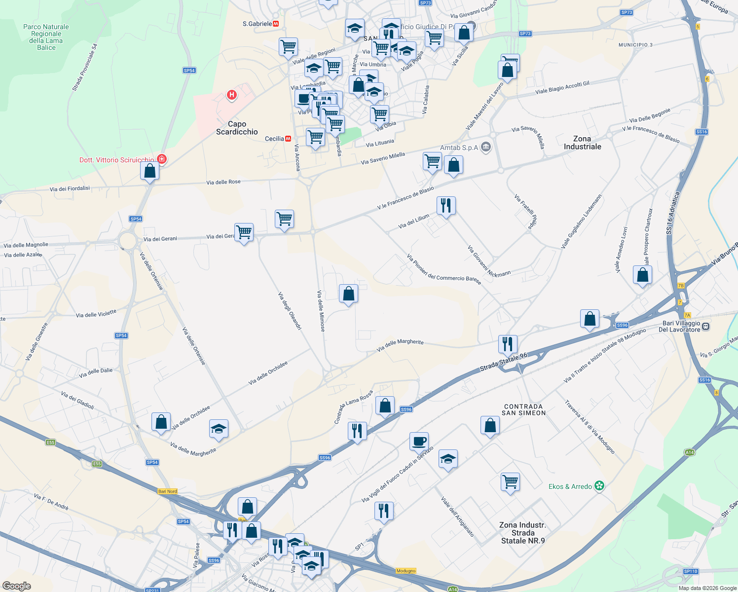 map of restaurants, bars, coffee shops, grocery stores, and more near 21 Via dei Gigli in Modugno