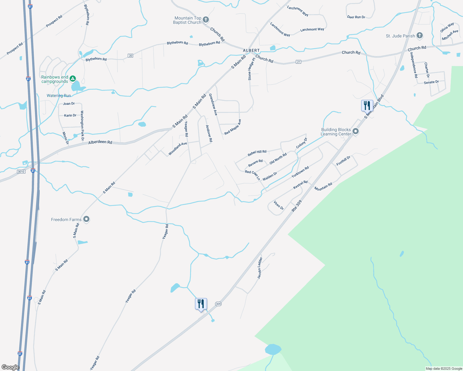 map of restaurants, bars, coffee shops, grocery stores, and more near 19 Brandywyn Drive in Mountain Top
