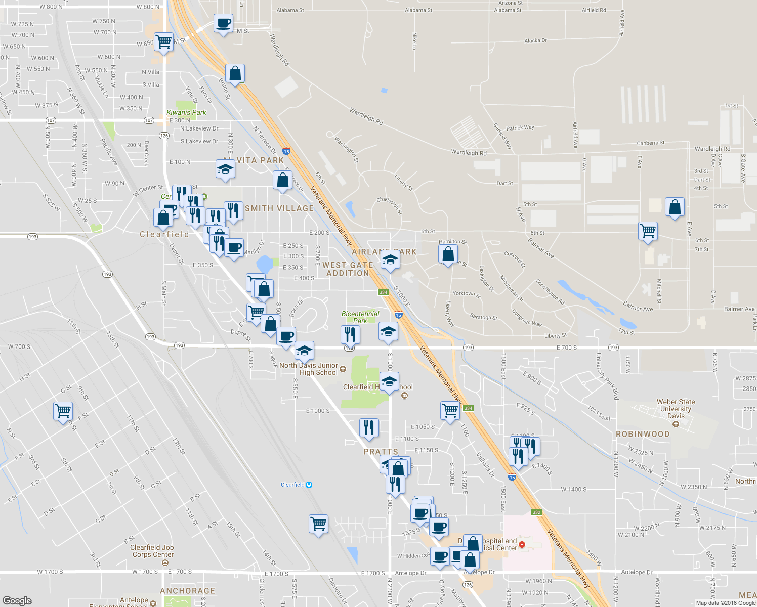 map of restaurants, bars, coffee shops, grocery stores, and more near 941 East 500 South in Clearfield