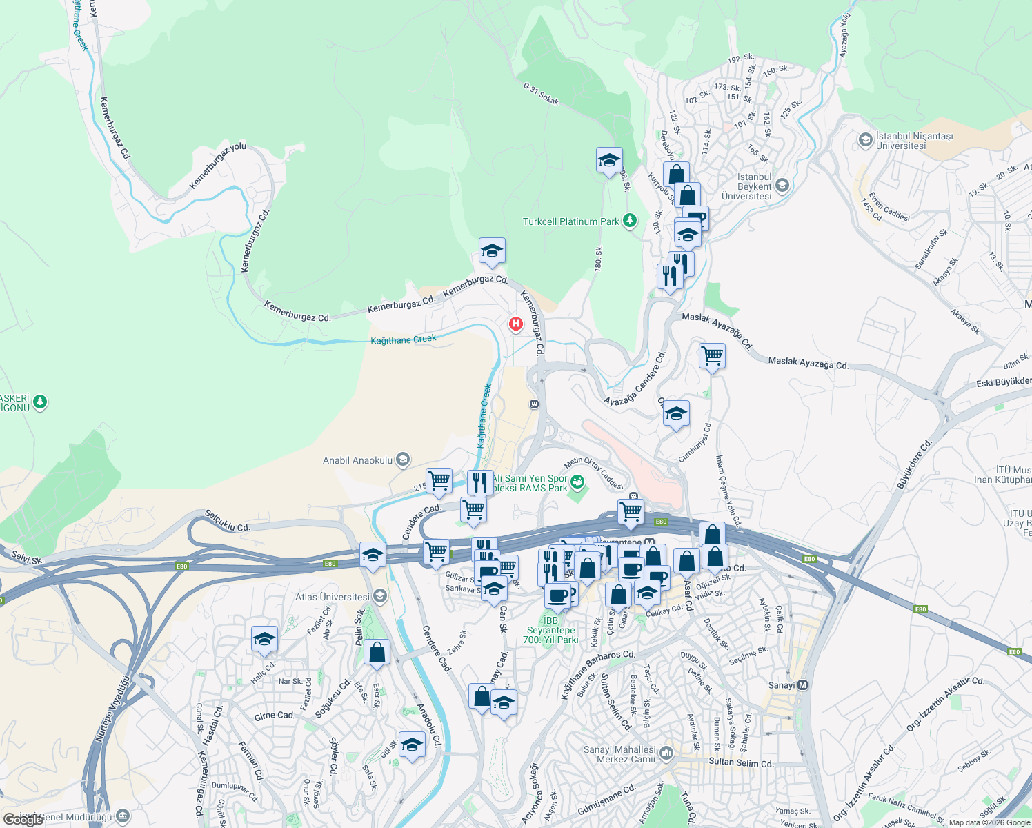 map of restaurants, bars, coffee shops, grocery stores, and more near No: 3 Azerbaycan Caddesi in Sarıyer