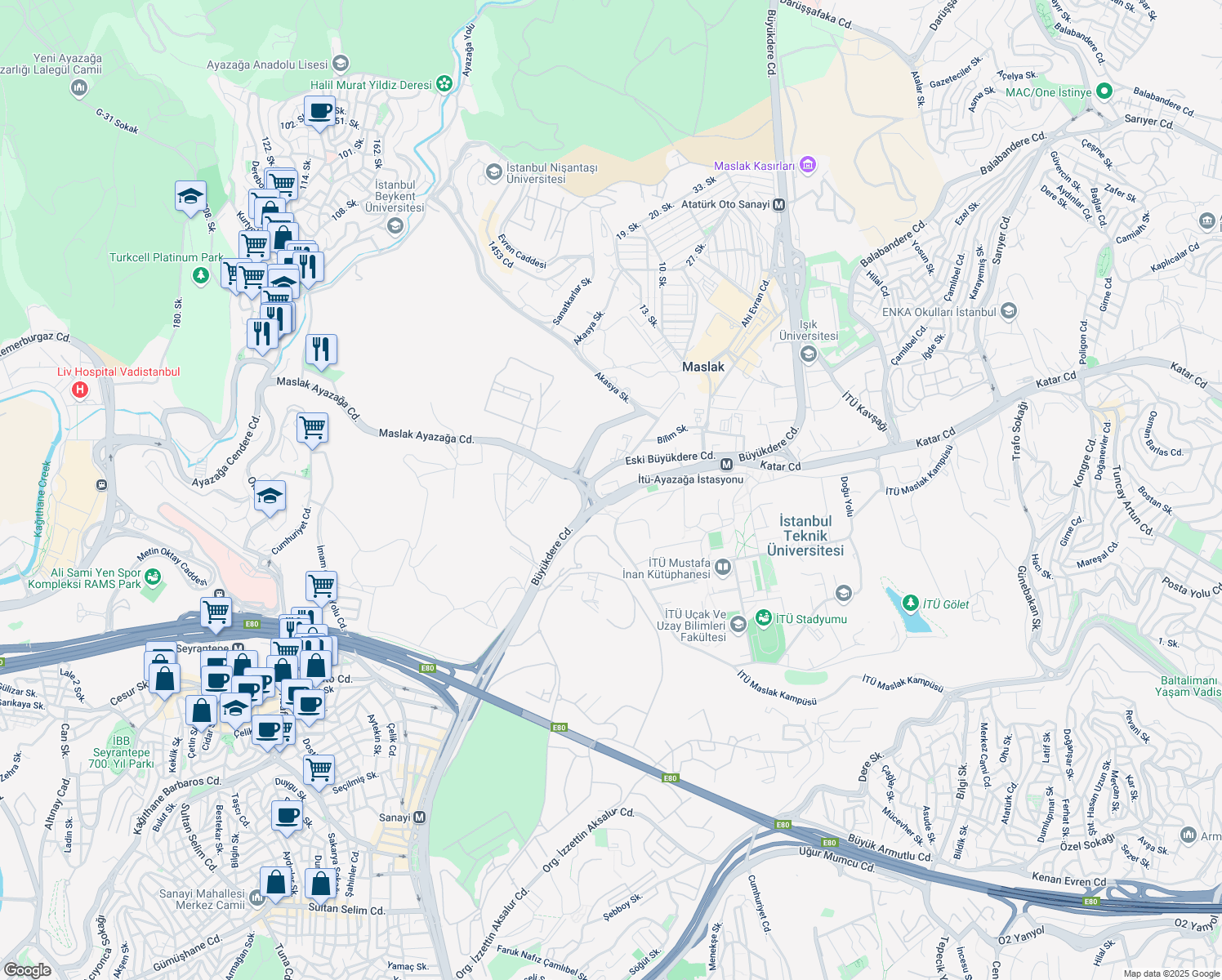map of restaurants, bars, coffee shops, grocery stores, and more near 219 Büyükdere Caddesi in Şişli