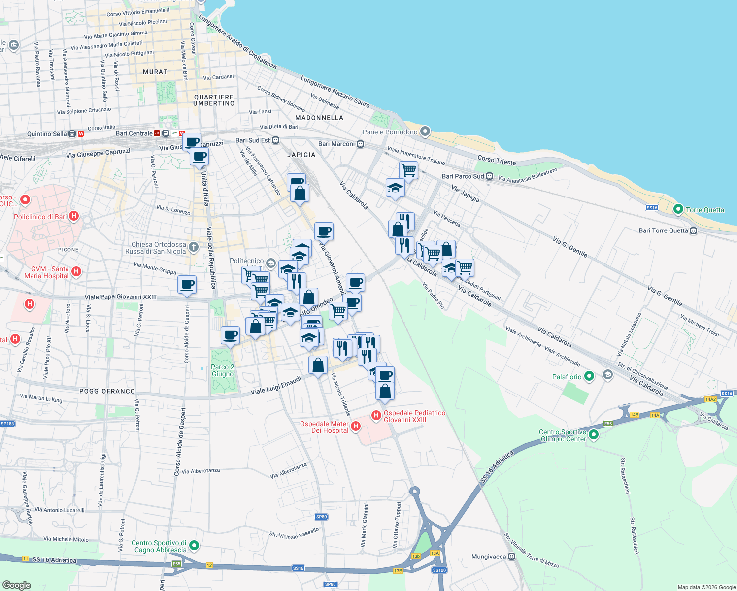 map of restaurants, bars, coffee shops, grocery stores, and more near 1 Strada Privata Stoppelli in Bari