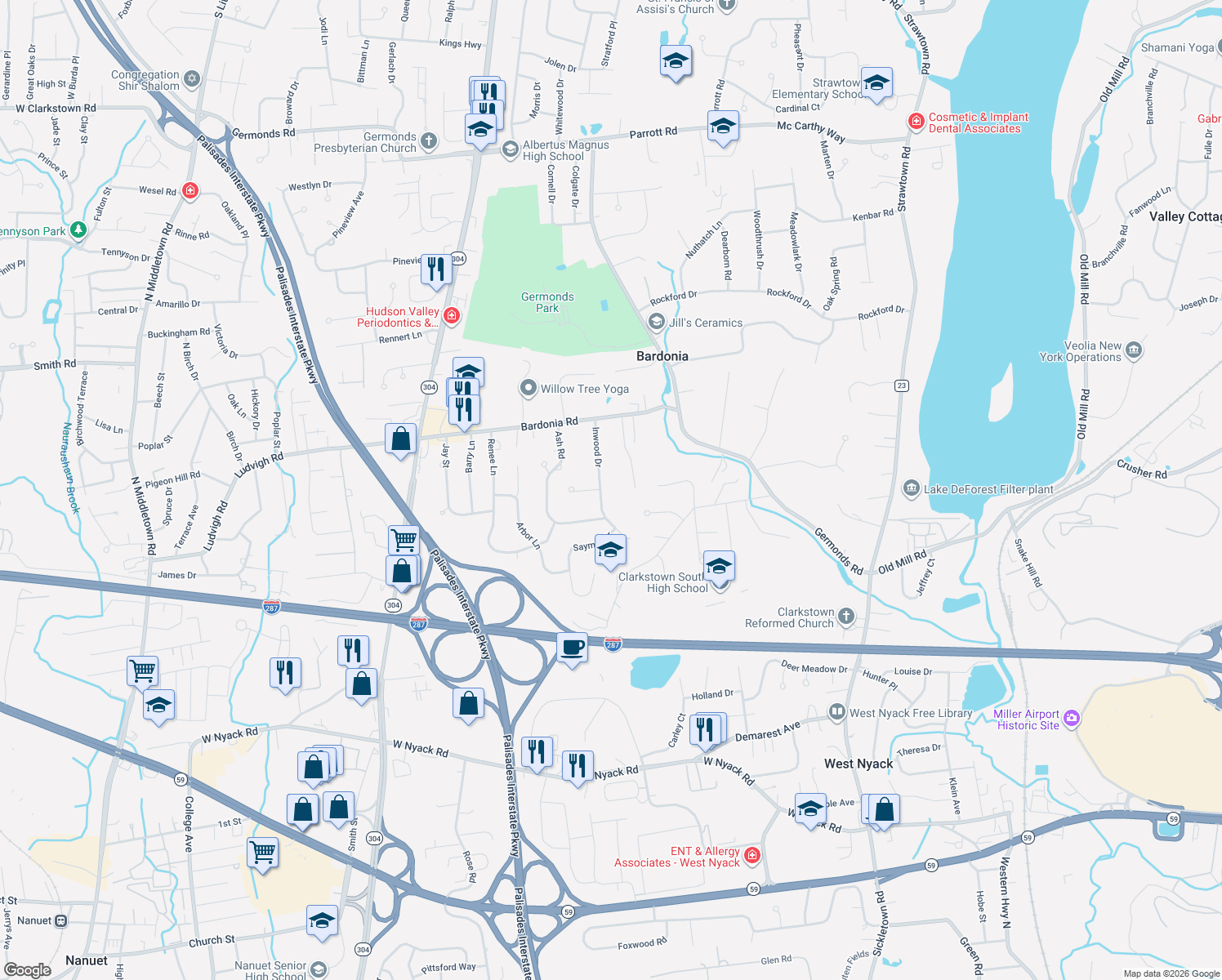 map of restaurants, bars, coffee shops, grocery stores, and more near 39 Inwood Drive in Bardonia