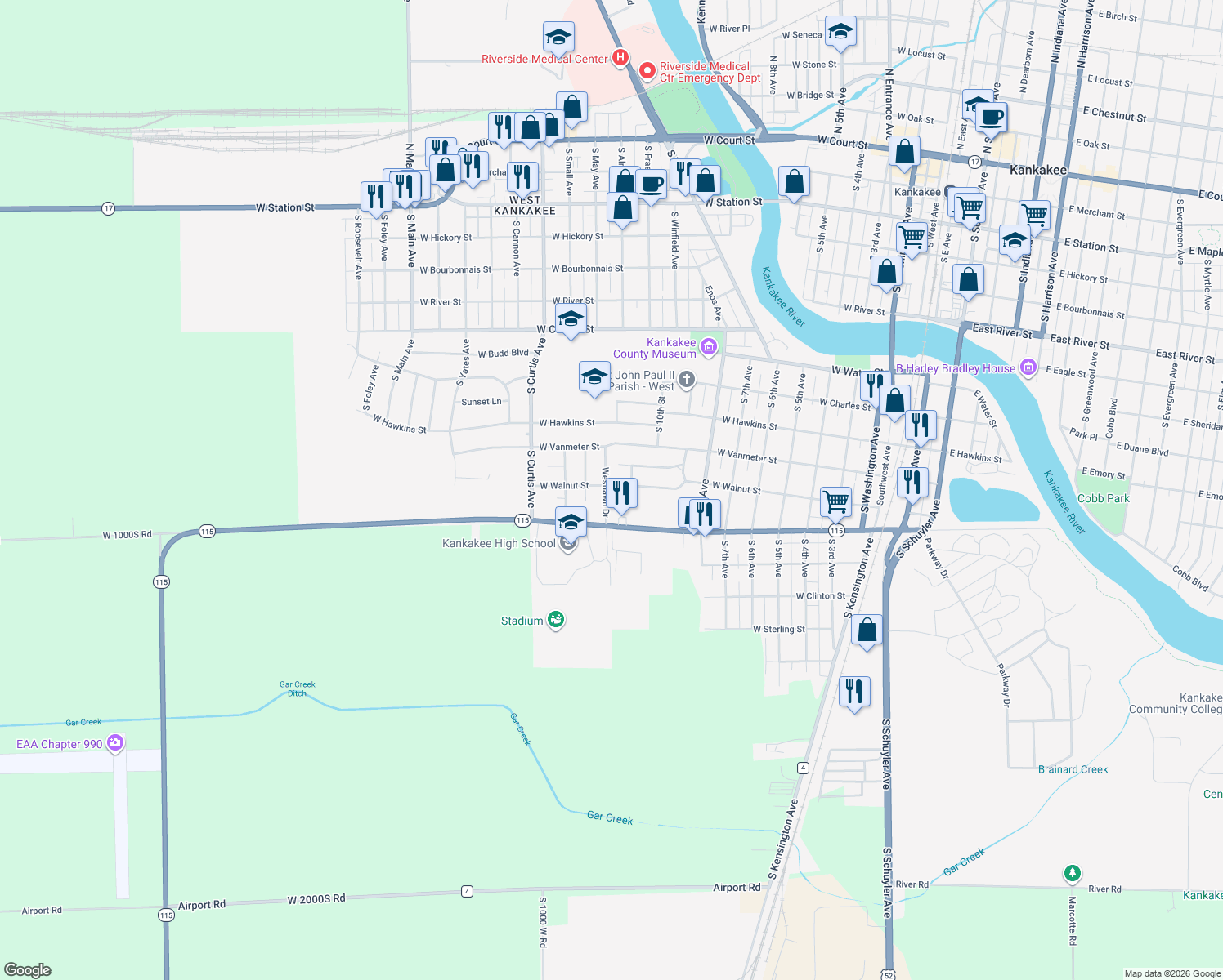 map of restaurants, bars, coffee shops, grocery stores, and more near 1096 W Walnut St in Kankakee