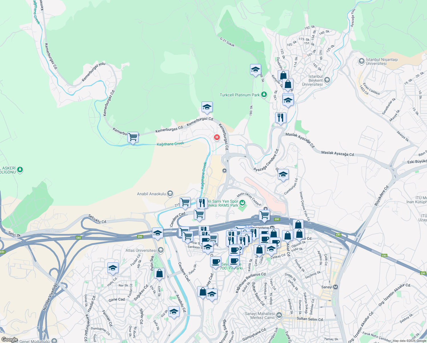 map of restaurants, bars, coffee shops, grocery stores, and more near No: 3 Azerbaycan Caddesi in Sarıyer