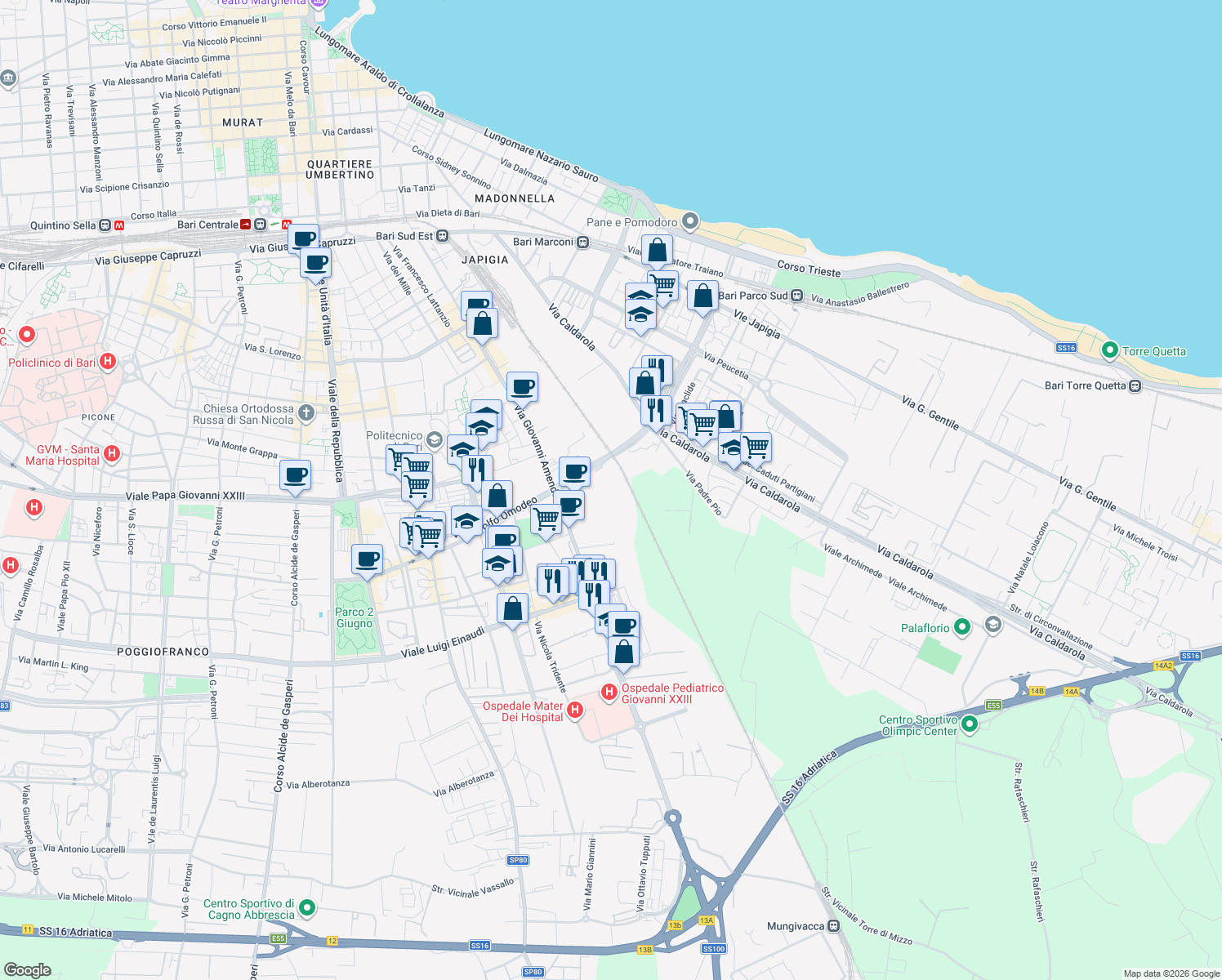 map of restaurants, bars, coffee shops, grocery stores, and more near Traversa II Stoppelli in Bari