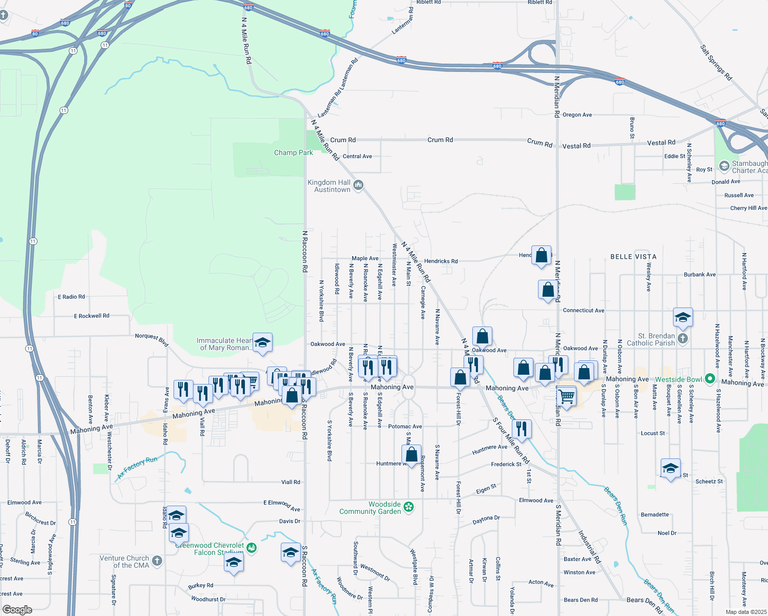map of restaurants, bars, coffee shops, grocery stores, and more near 175 N Edgehill Ave in Youngstown