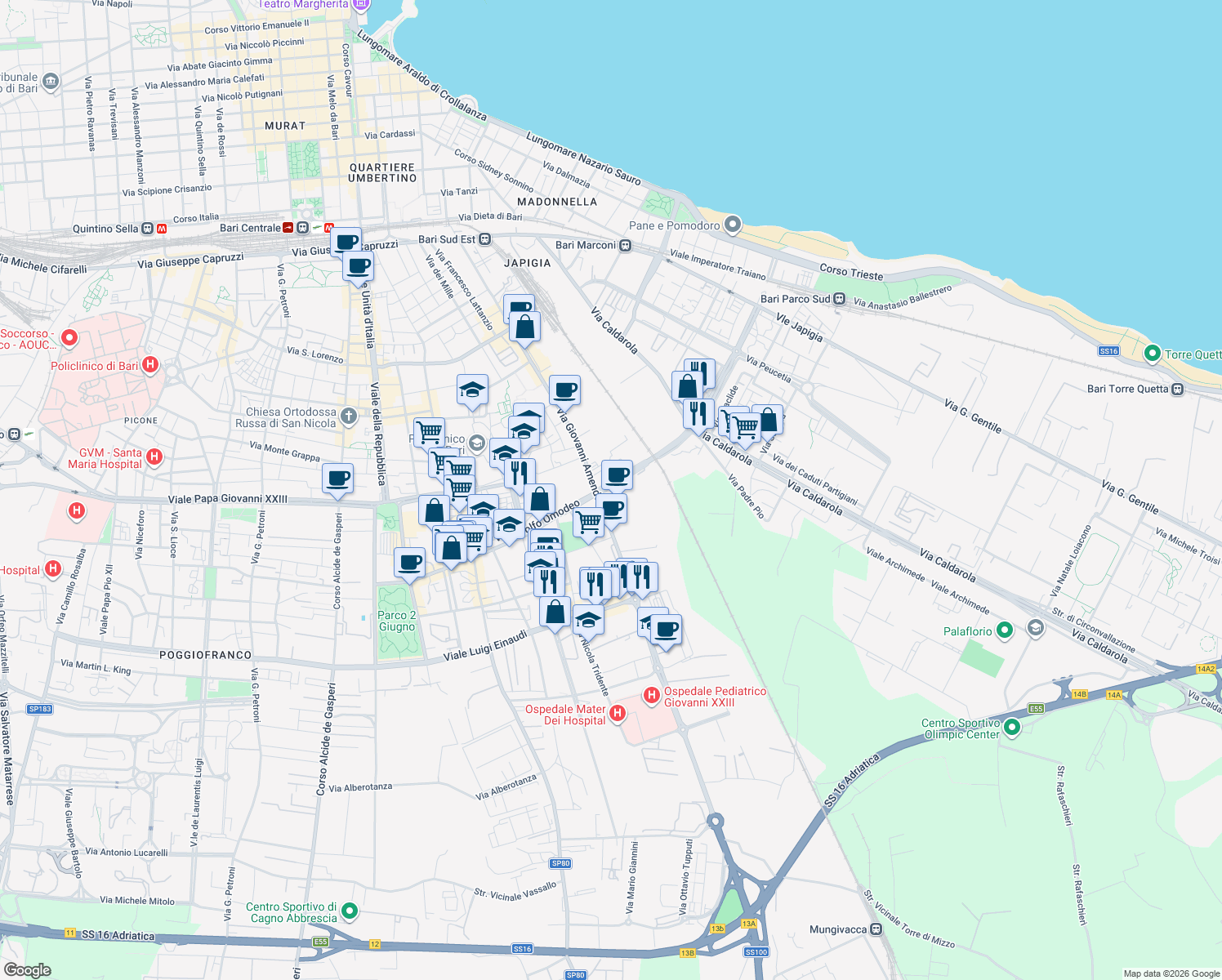 map of restaurants, bars, coffee shops, grocery stores, and more near 1 Strada Privata Stoppelli in Bari