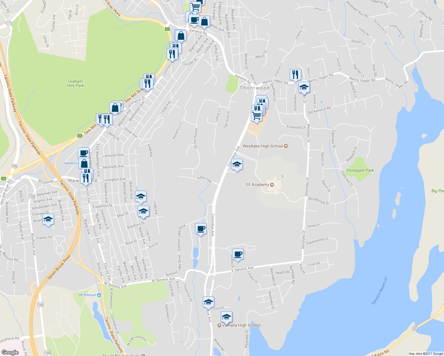 map of restaurants, bars, coffee shops, grocery stores, and more near 575 Columbus Avenue in Thornwood