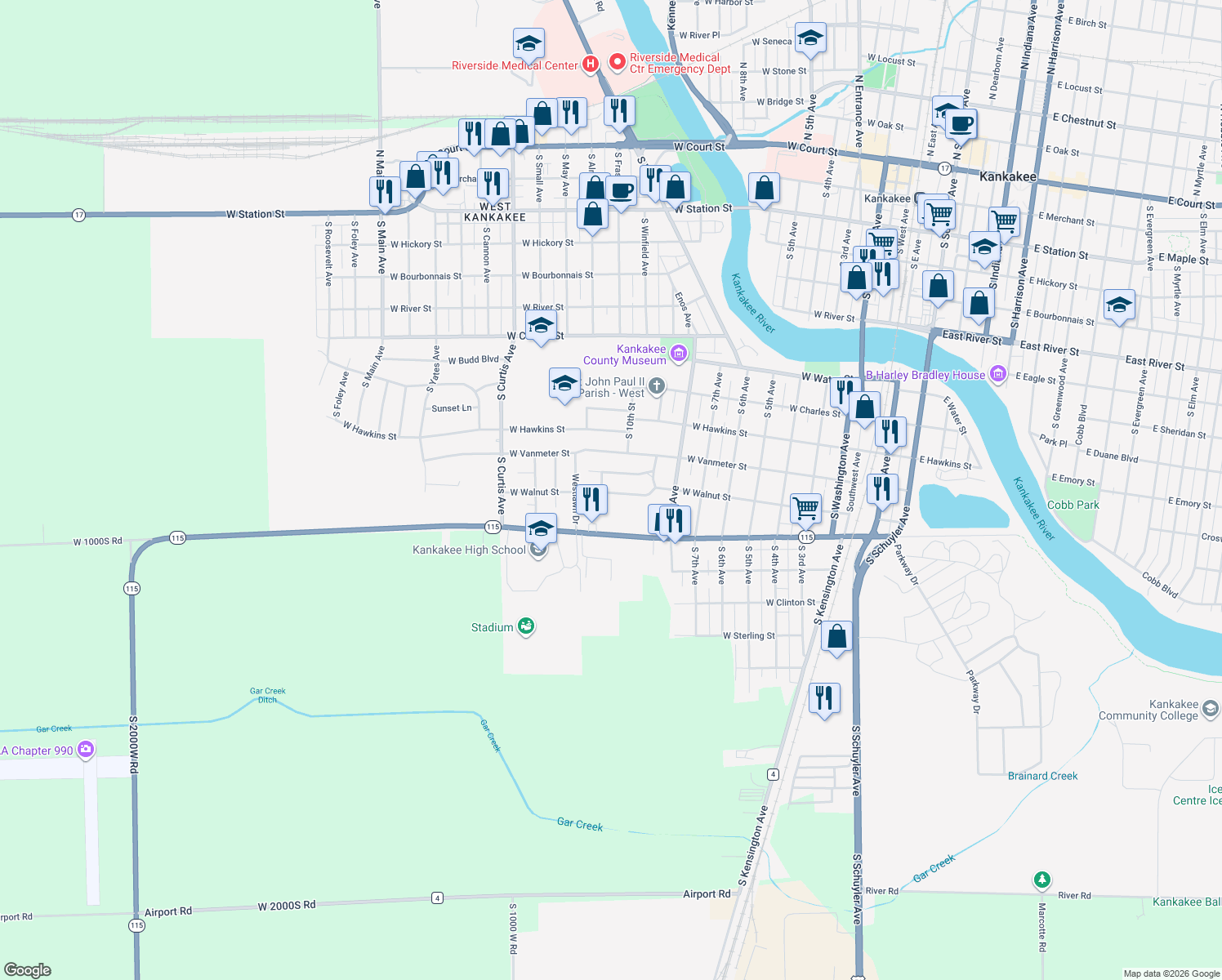 map of restaurants, bars, coffee shops, grocery stores, and more near 975 West Walnut Street in Kankakee
