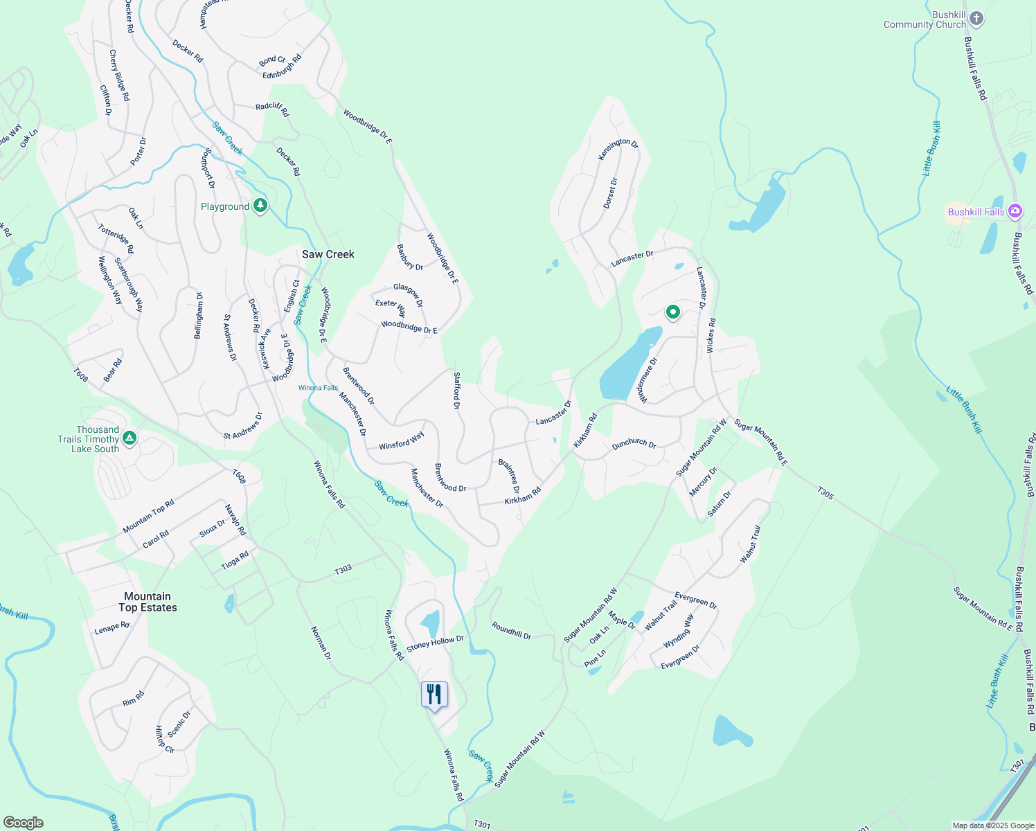map of restaurants, bars, coffee shops, grocery stores, and more near 157 Brentwood Drive in Saw Creek