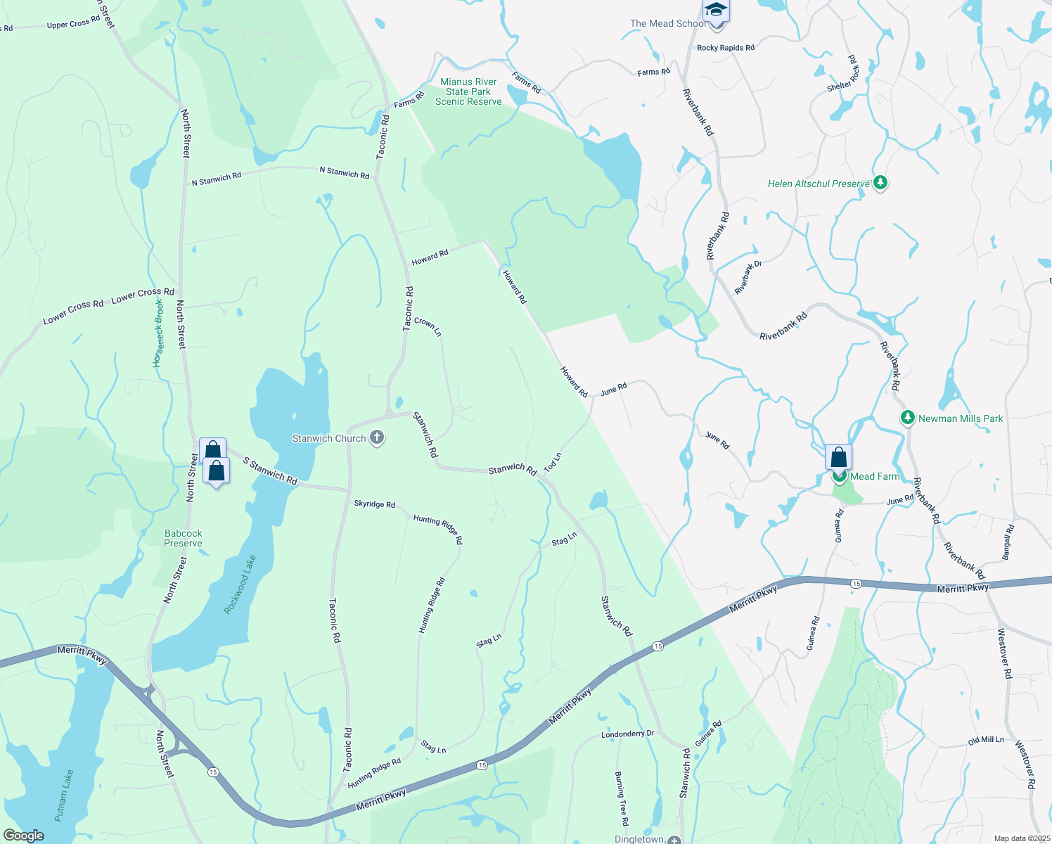 map of restaurants, bars, coffee shops, grocery stores, and more near 17 Meeting House Road in Greenwich