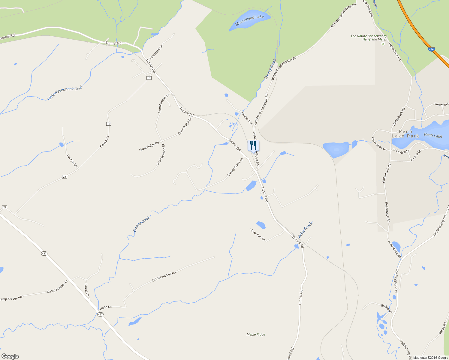 map of restaurants, bars, coffee shops, grocery stores, and more near Creasy Creek Lane in White Haven