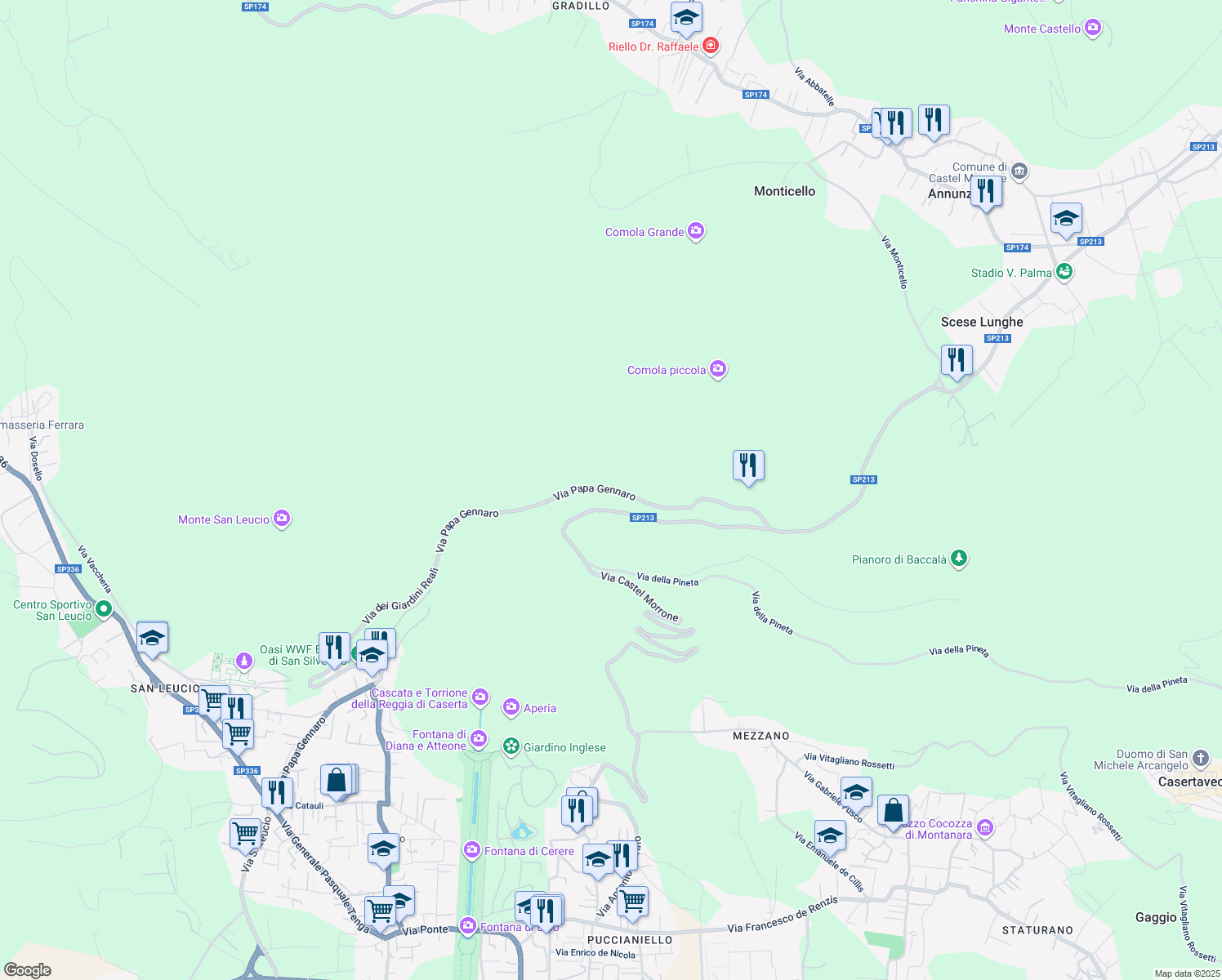 map of restaurants, bars, coffee shops, grocery stores, and more near Via Gennaro Papa in Caserta