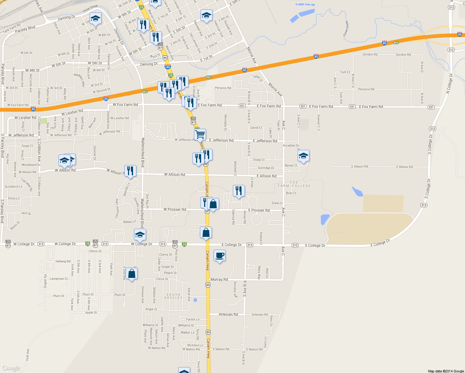 map of restaurants, bars, coffee shops, grocery stores, and more near 1008 Mitchell Place in Cheyenne