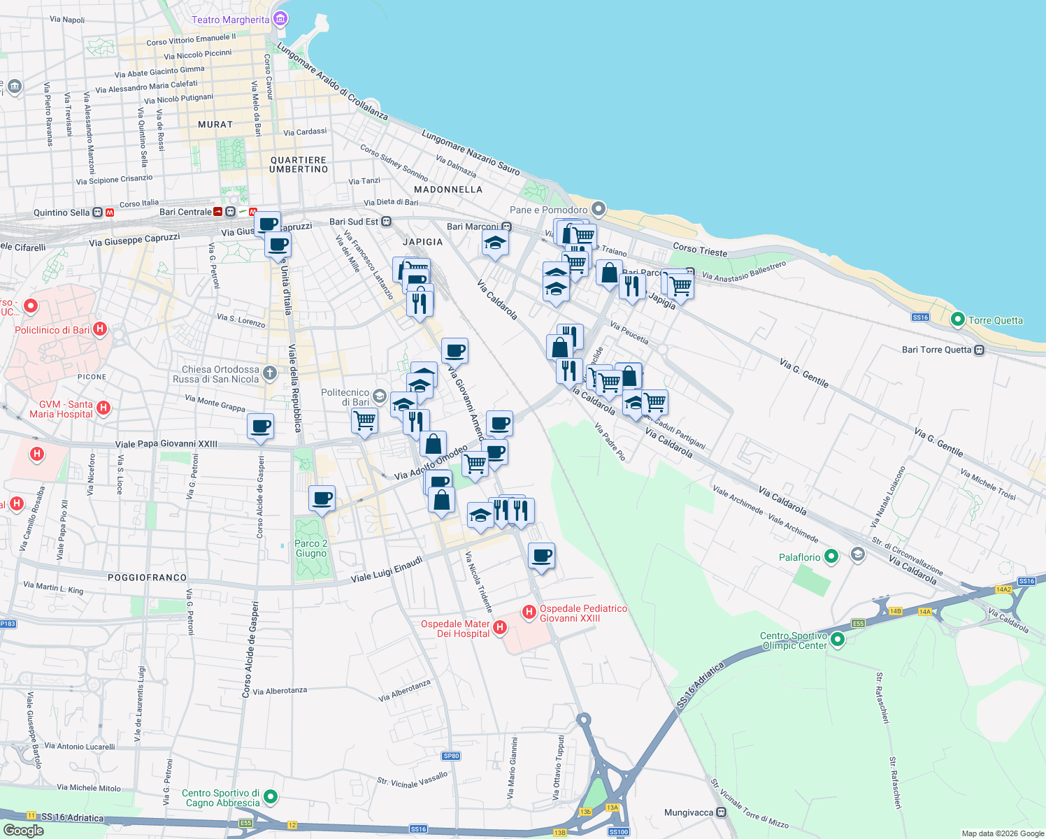 map of restaurants, bars, coffee shops, grocery stores, and more near Traversa II Stoppelli in Bari