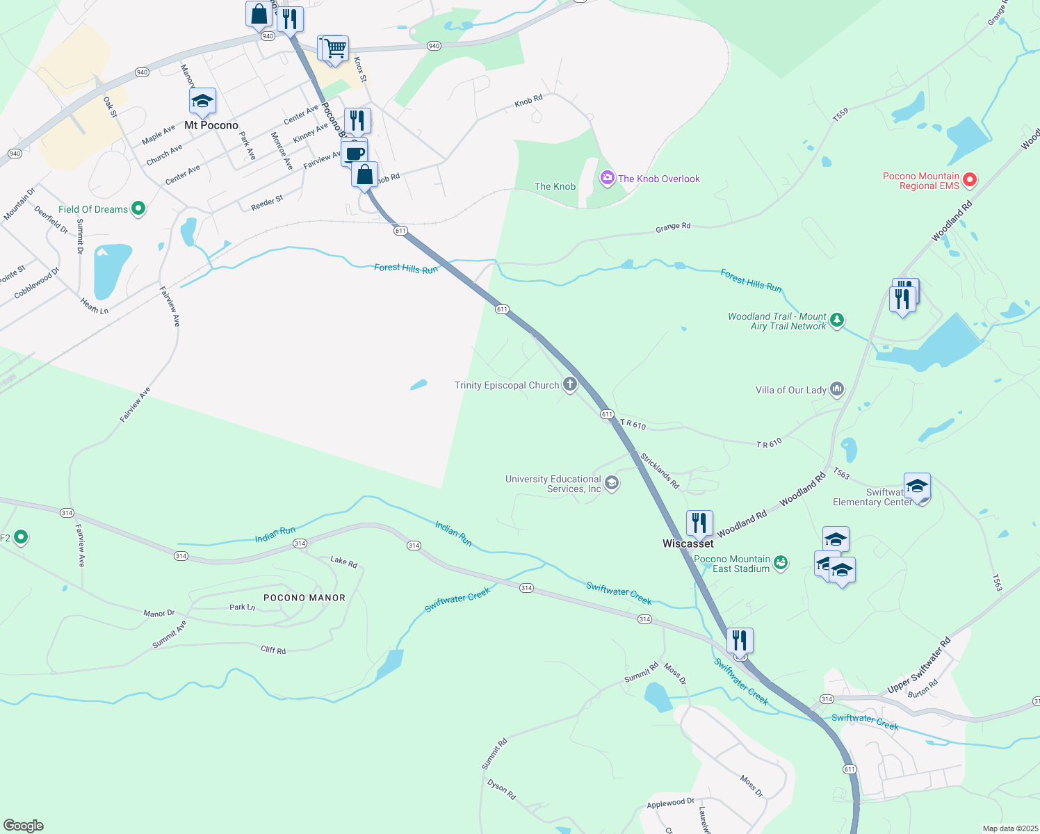 map of restaurants, bars, coffee shops, grocery stores, and more near 133 Montanesca Road in Mount Pocono