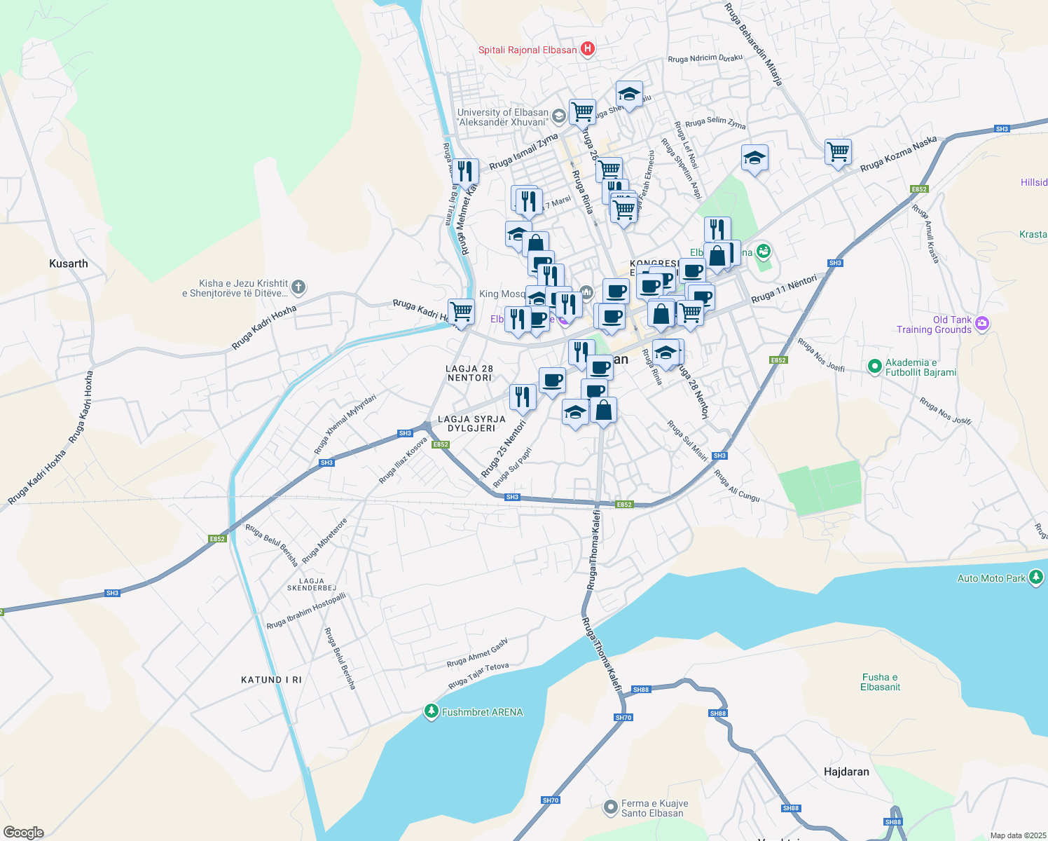 map of restaurants, bars, coffee shops, grocery stores, and more near Rruga 25 Nentori in Elbasan