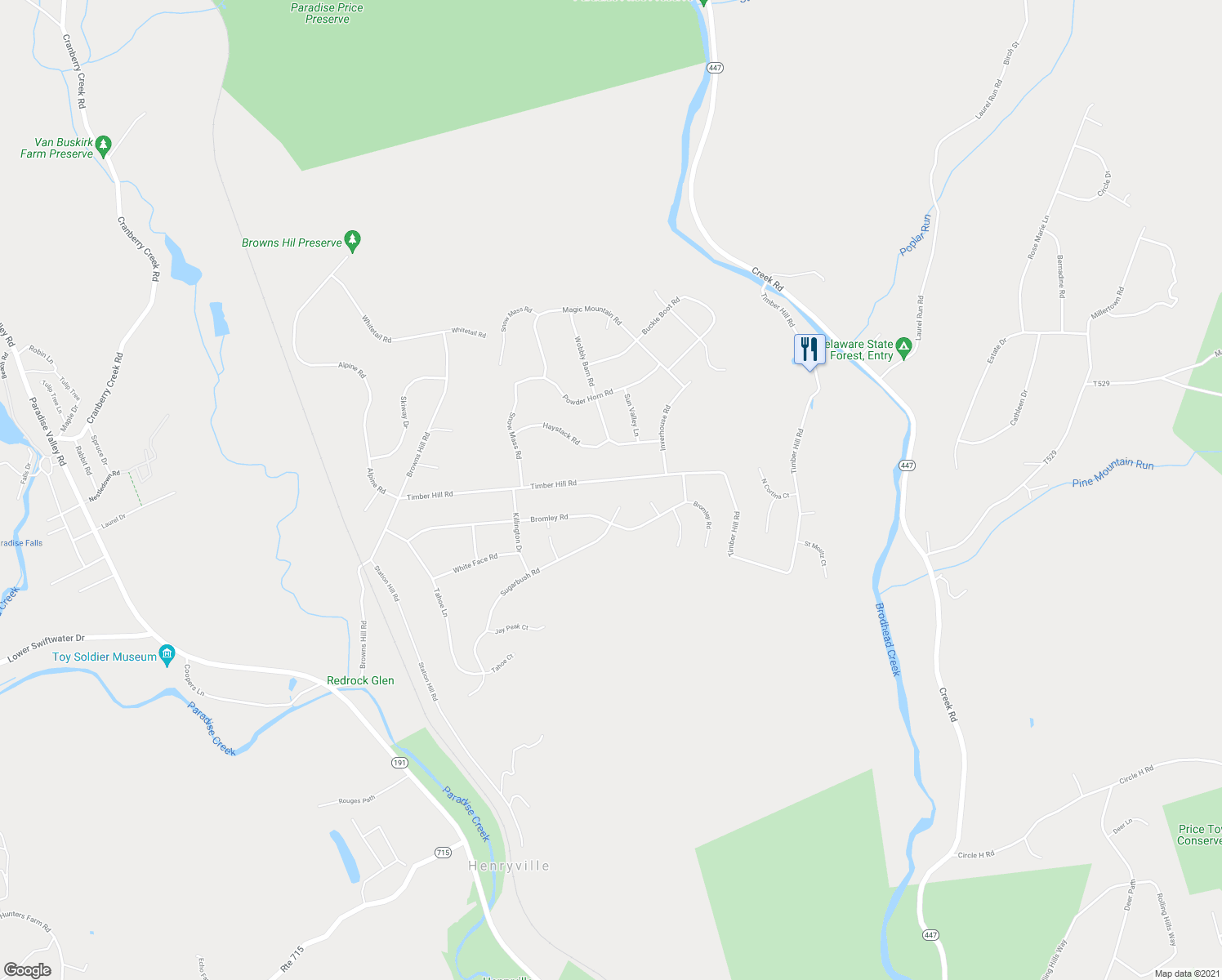 map of restaurants, bars, coffee shops, grocery stores, and more near 222 Timber Hill Road in Henryville