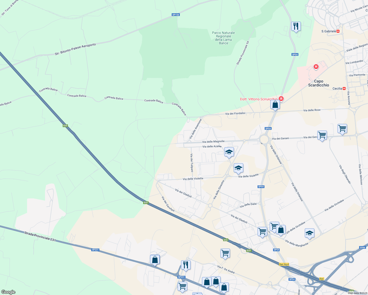 map of restaurants, bars, coffee shops, grocery stores, and more near 22 Via delle Azalee in Modugno