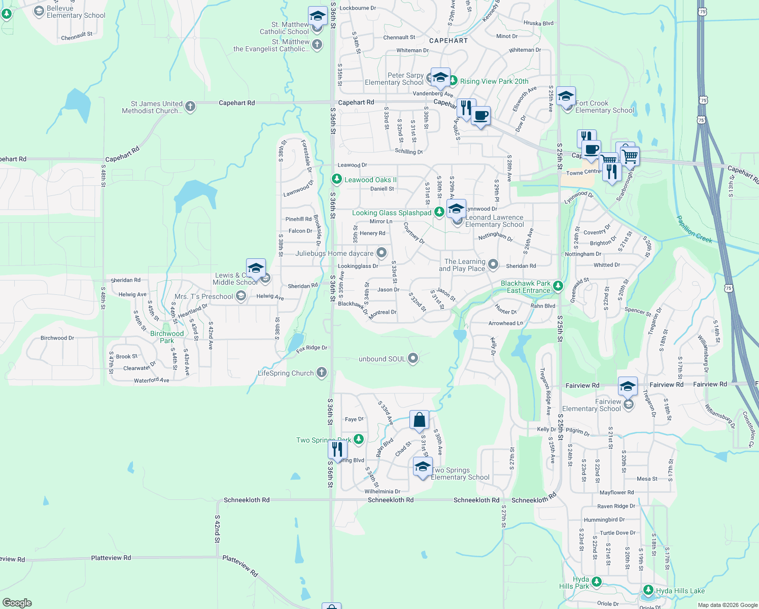 map of restaurants, bars, coffee shops, grocery stores, and more near 3311 Jessie Marie Drive in Bellevue