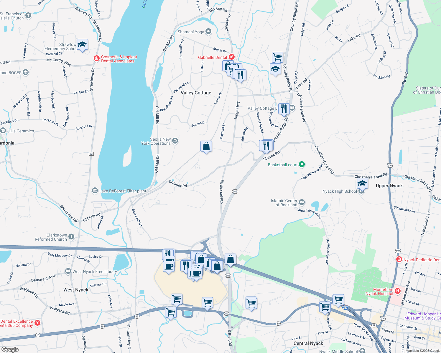 map of restaurants, bars, coffee shops, grocery stores, and more near 406 Casper Hill Road in West Nyack
