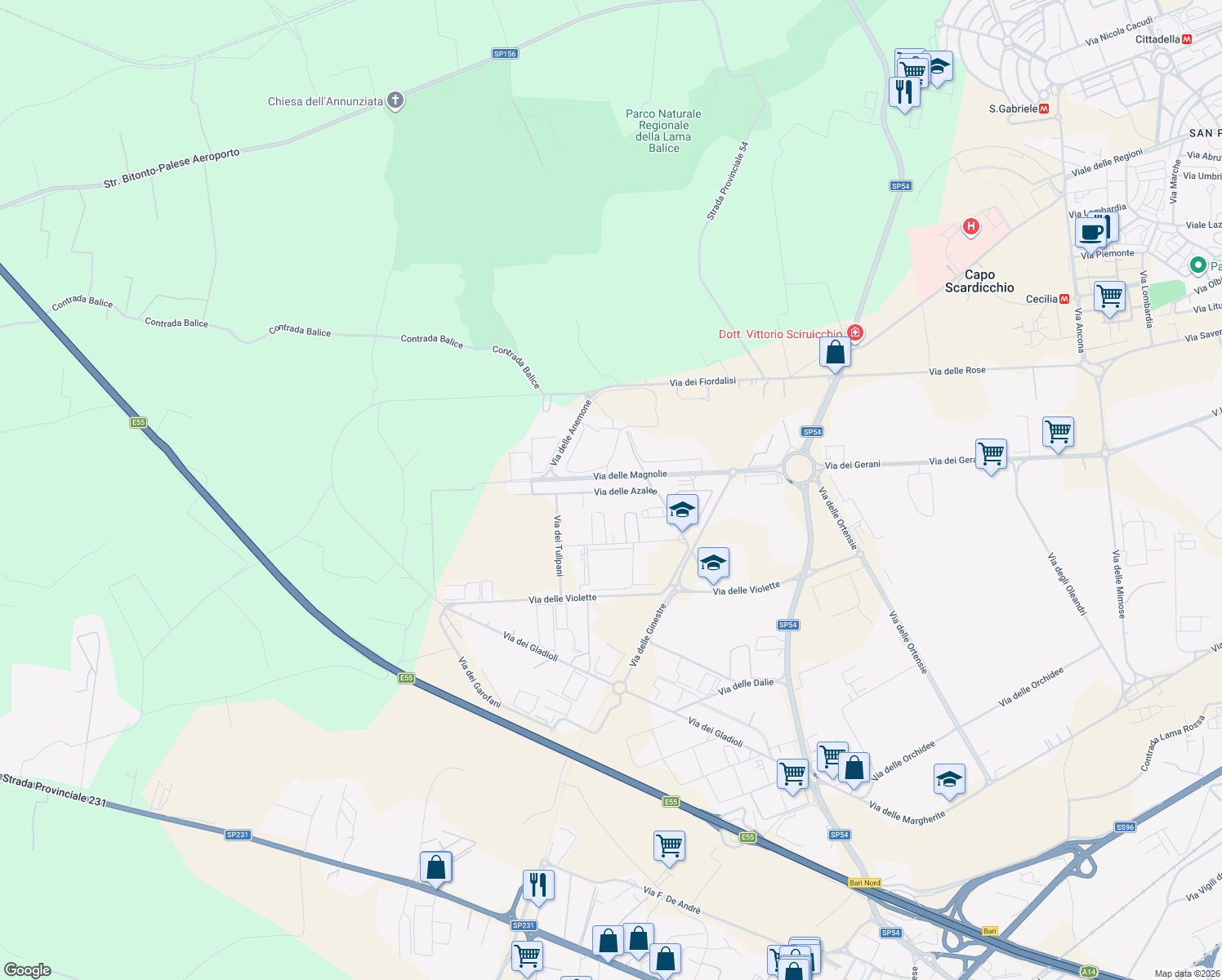 map of restaurants, bars, coffee shops, grocery stores, and more near 13 Via delle Azalee in Modugno