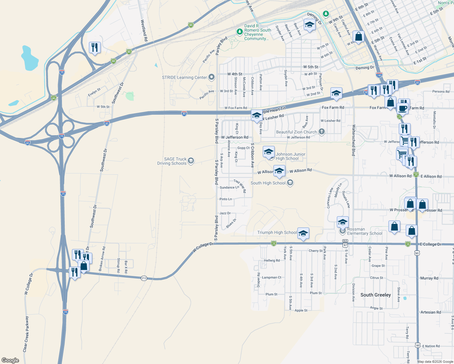 map of restaurants, bars, coffee shops, grocery stores, and more near 1416 Ahrens Avenue in Cheyenne